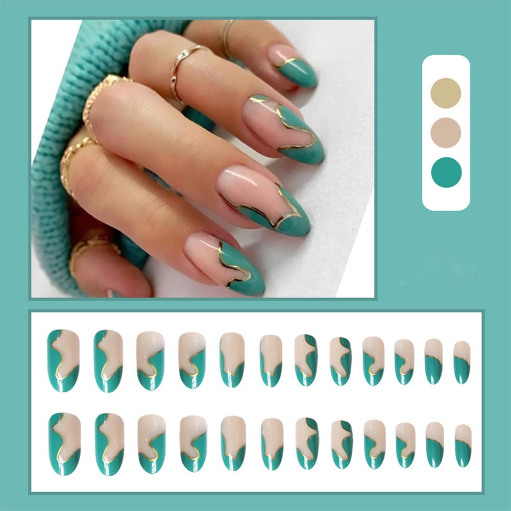 24Pcs Long Coffin Press on Nails - Glossy Ballerina Fake Nails with Lines Design, Full Cover Clip on Nails for Women & Girls | Perfect for Parties, Weddings & Daily Wear
