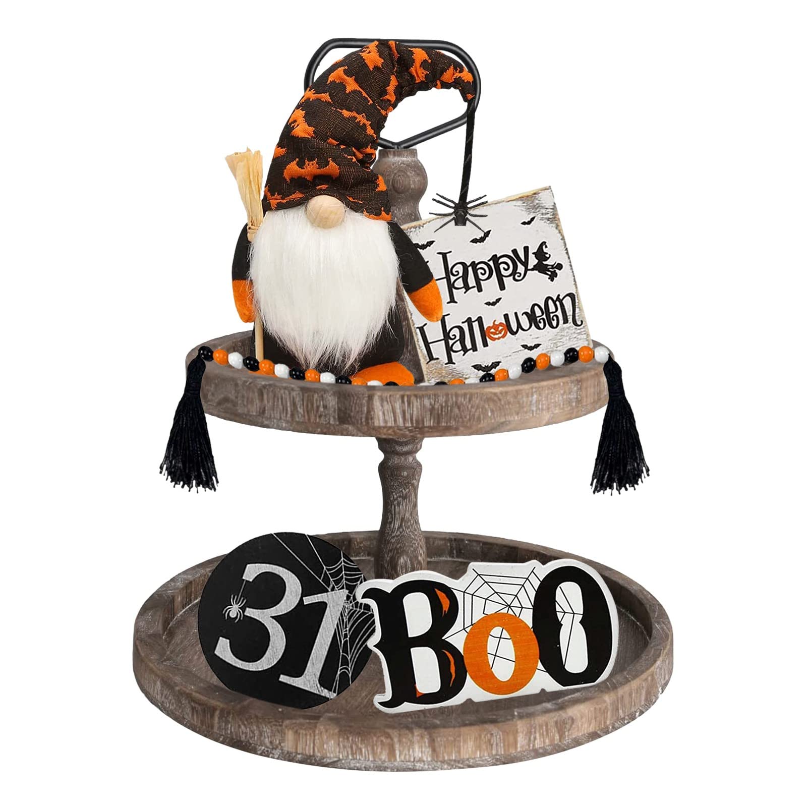 Halloween Layered Tray Decor - Scary Gnome Ornaments & Rustic Wood Tray for Farmhouse Style (Multicolor, One Size) - Perfect for Halloween Party Decorations, Table Centerpiece, and Seasonal Home Decor