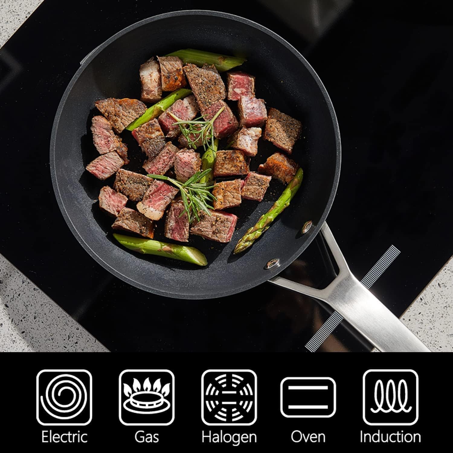 MSMK Non Stick Cookware Set 7-Piece - 8, 10, 12 Inch Frying Pans & 12 Inch Induction Wok with Tempered Glass Lids - Professional Heat Distribution, Stay-Cool Handles, Oven Safe to 700℉ - Compatible with Gas, Electric, Ceramic & Induction Cooktops - Perfect for Sautéing, Stir-Frying & Everyday Cooking