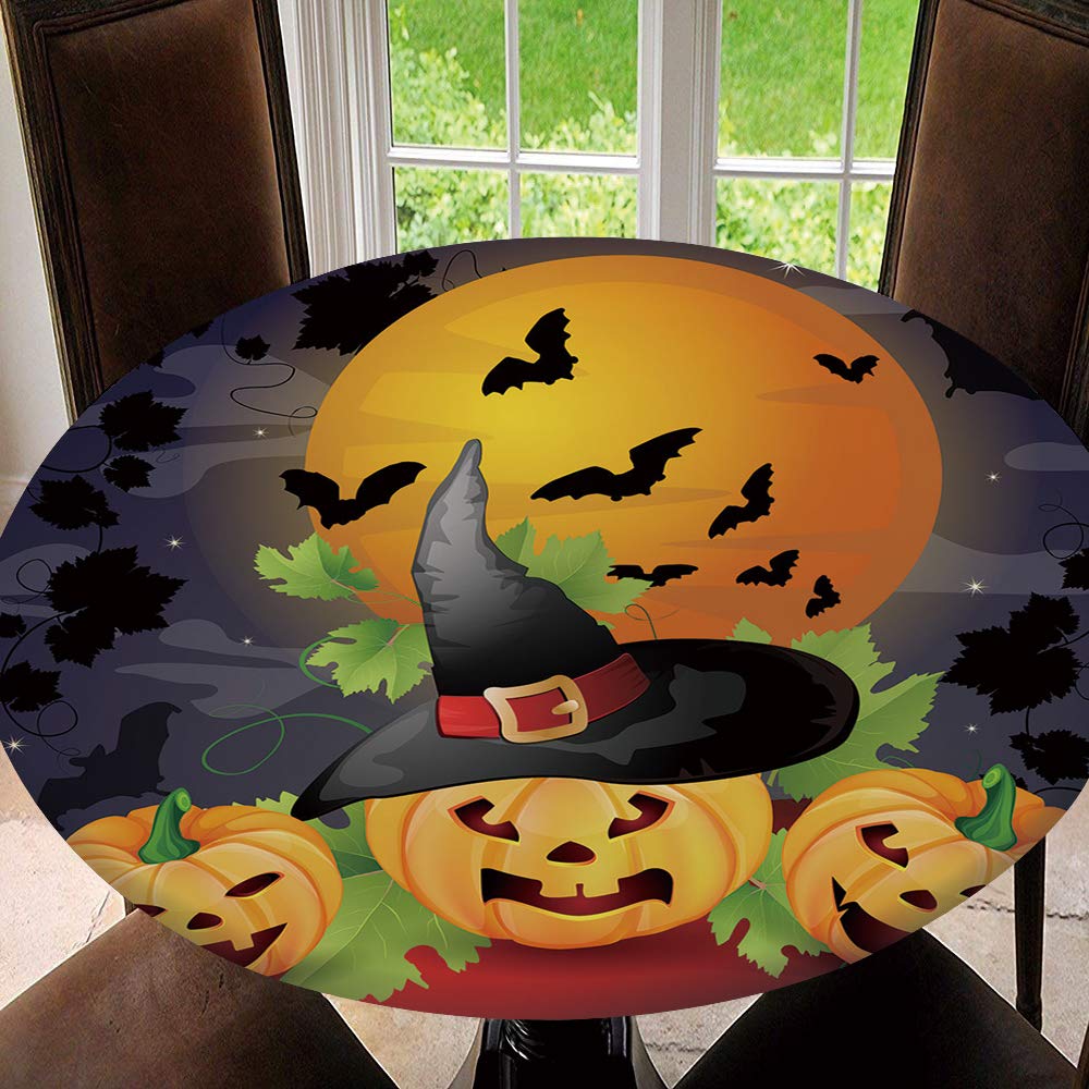 Elastic Edged Round Table Cover - Waterproof Halloween Tablecloth with Pumpkin Design (Fits 35