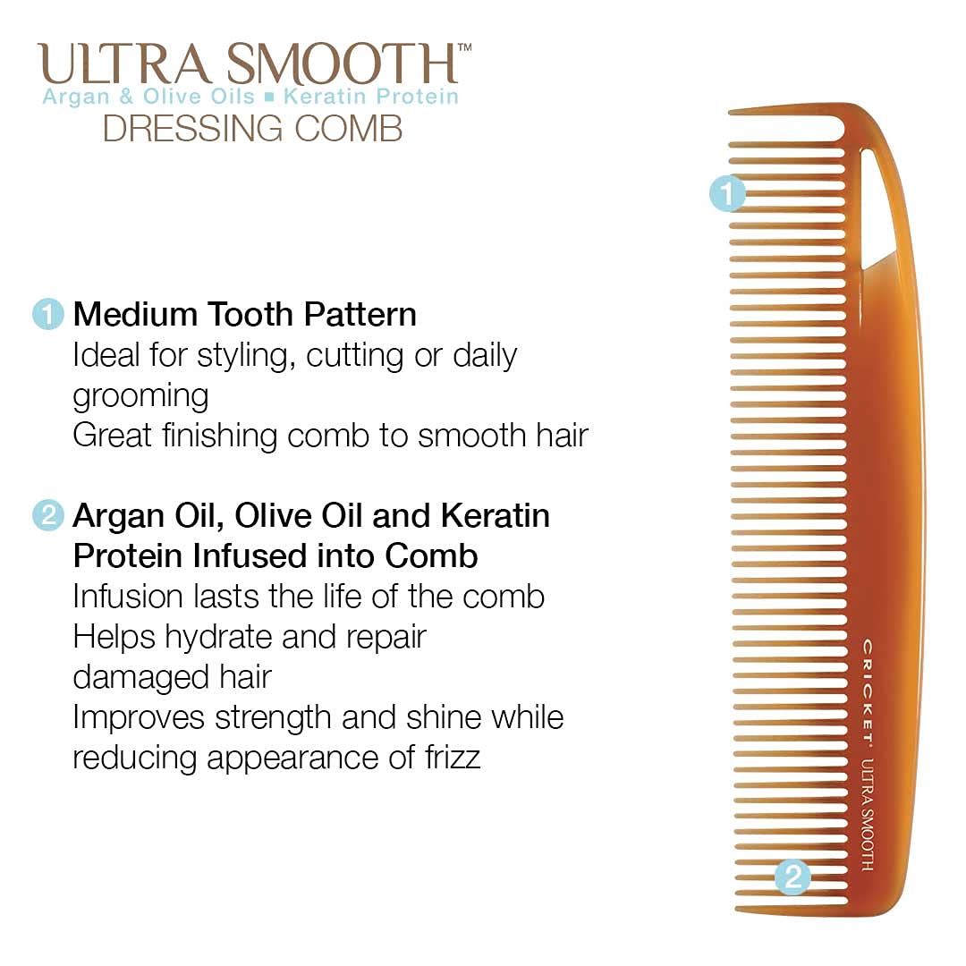 Cricket Ultra Smooth Anti-Frizz Hair Comb with Argan & Olive Oils - Keratin Infused Medium Tooth Design for Styling, Cutting & Daily Grooming - Perfect for Salon Professionals & Home Hair Care