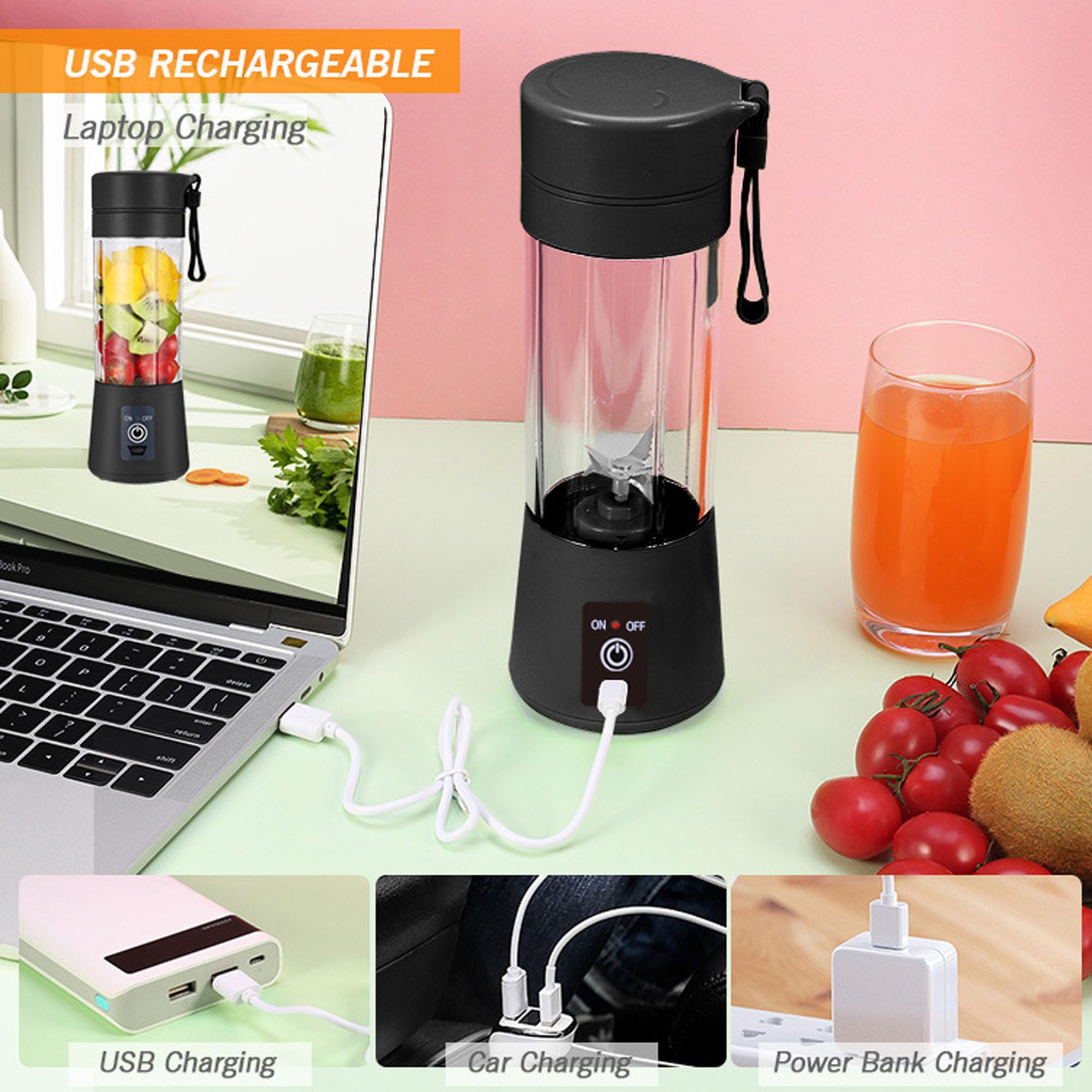 Portable USB Rechargeable Personal Blender with 6 3D Blades - 380ml Electric Fruit Juice Mixer for Smoothies, Shakes & Healthy Drinks - Perfect for Home, Office, Gym & Travel (Rose)