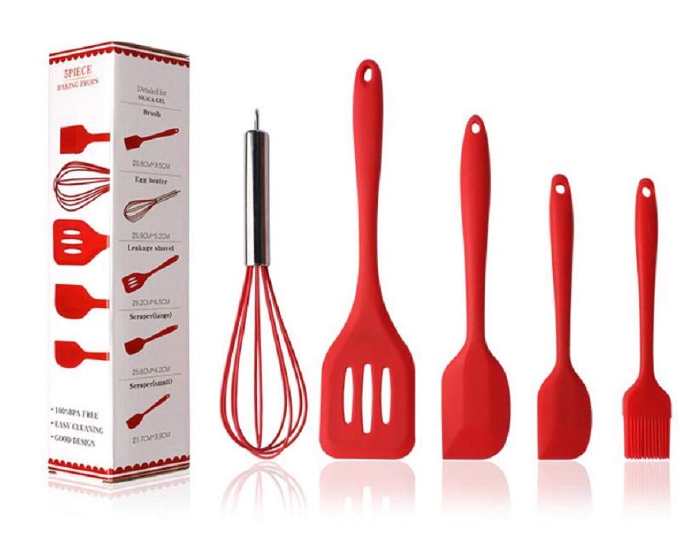 5-Piece Silicone Kitchen Utensil Set - Heat-Resistant Spatula, Brush & Cooking Tools - Non-Stick, Dishwasher Safe - Perfect for Baking, Frying & Everyday Cooking (Red)