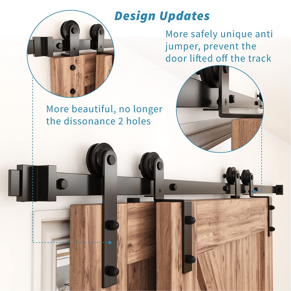 ZEKOO 5.5FT Single Track Bypass Sliding Barn Door Hardware Kit for Double Doors - Low Ceiling Compatible I-Shape Hanger with Flat Track Rollers | Perfect for Bedrooms, Closets & Room Dividers