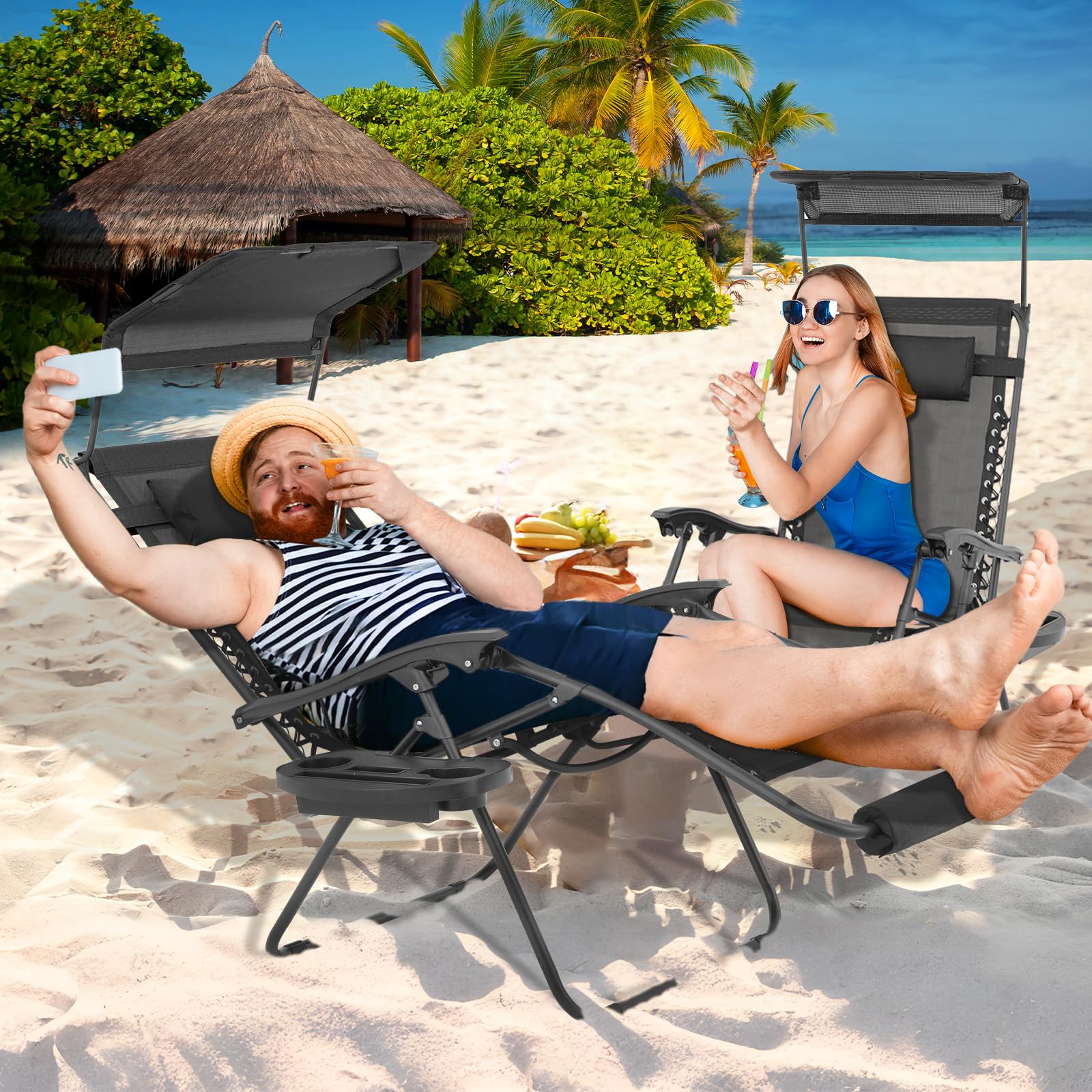 Magshion Oversized Zero Gravity Lounge Chairs Set of 2 with Adjustable Canopy - Foldable Patio Recliners with Footrest - 29 Inch Outdoor Relaxation Chairs in Black - Perfect for Backyard, Poolside & Beach Use