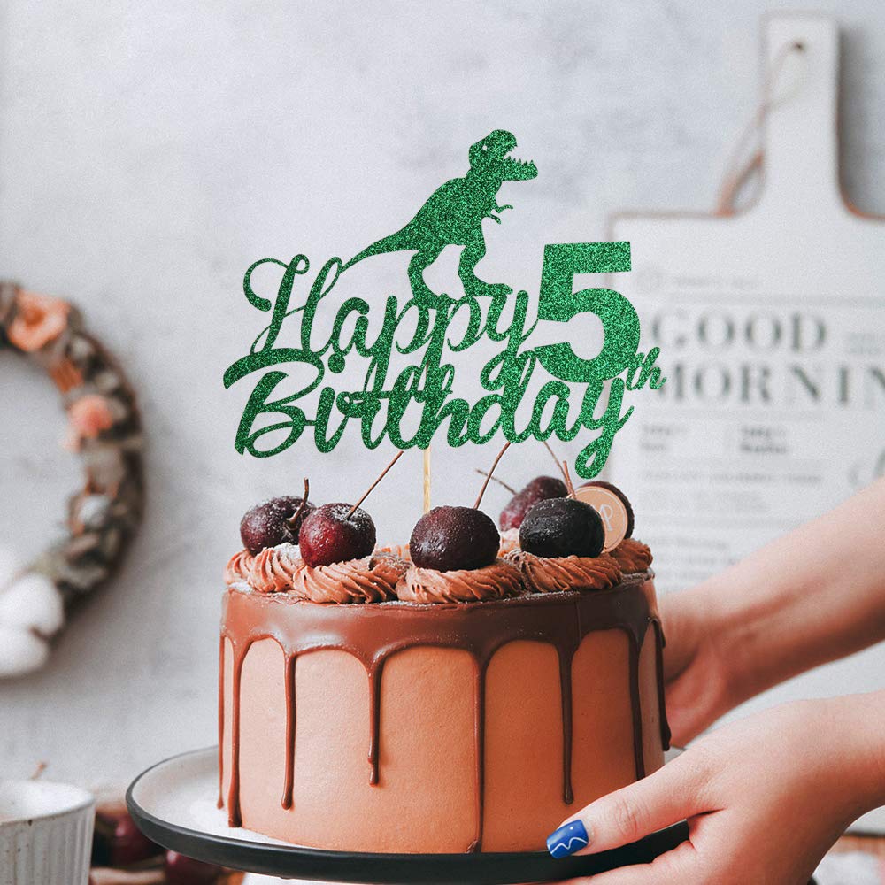 Anxdh Dinosaur Cake Topper for 5th Birthday - Sparkling Happy Birthday Dinosaur Decorations for Boys & Kids - Roaring Dino Theme Party Supplies - Perfect for Birthday Cakes, Cupcakes & Party Decor