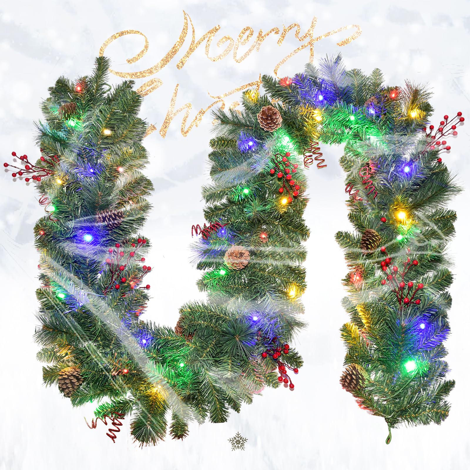 9FT Battery Powered Christmas Garland with 50 LED Lights - 8 Lighting Modes, Red Berry & Pine Cone Decor for Stairs, Front Door, Mantel, and Holiday Home Decoration