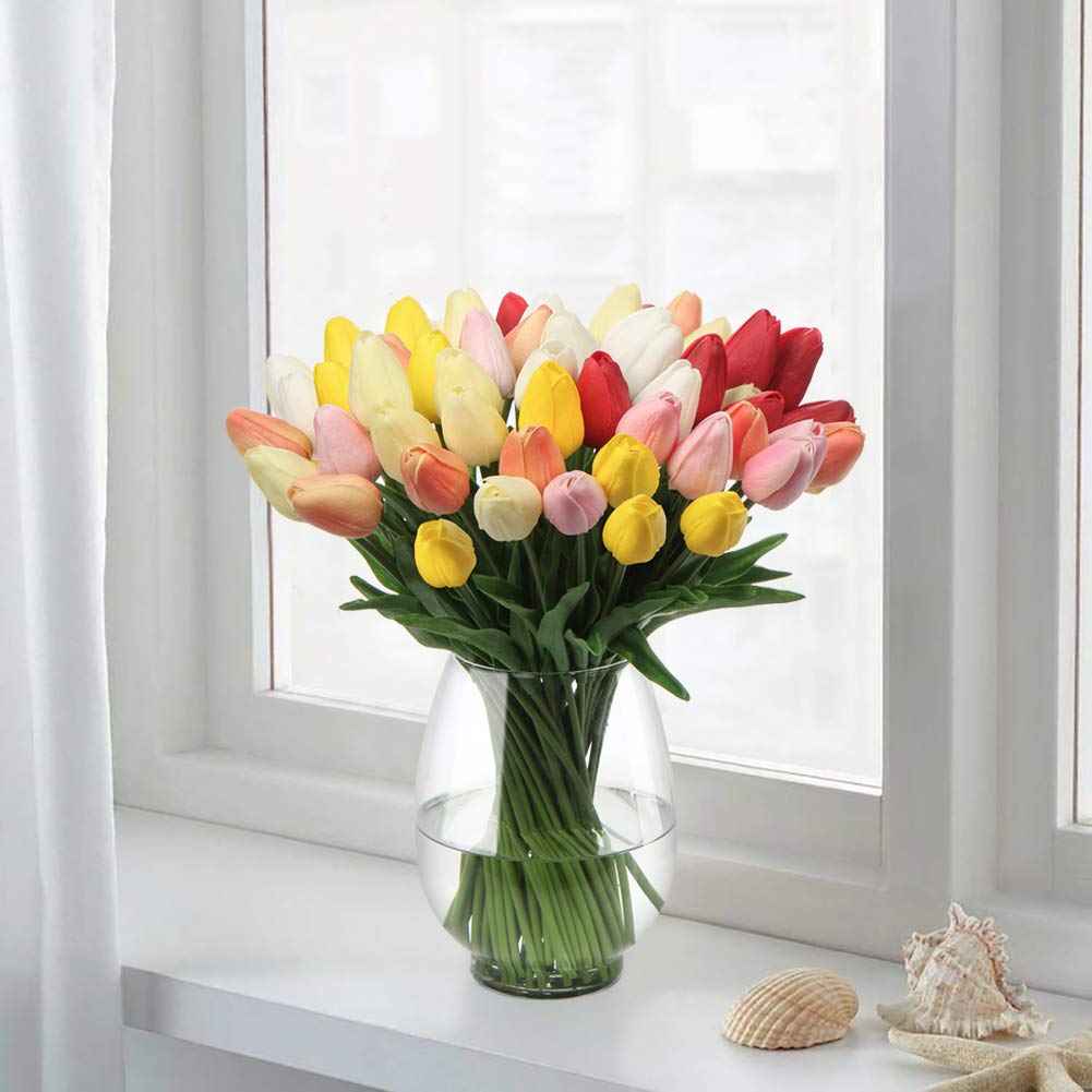 20 Pcs Peach Artificial Tulips - Real Touch Faux Flowers for Vase, Home Decor, Wedding Bouquets & Mother's Day Gifts - 13.5