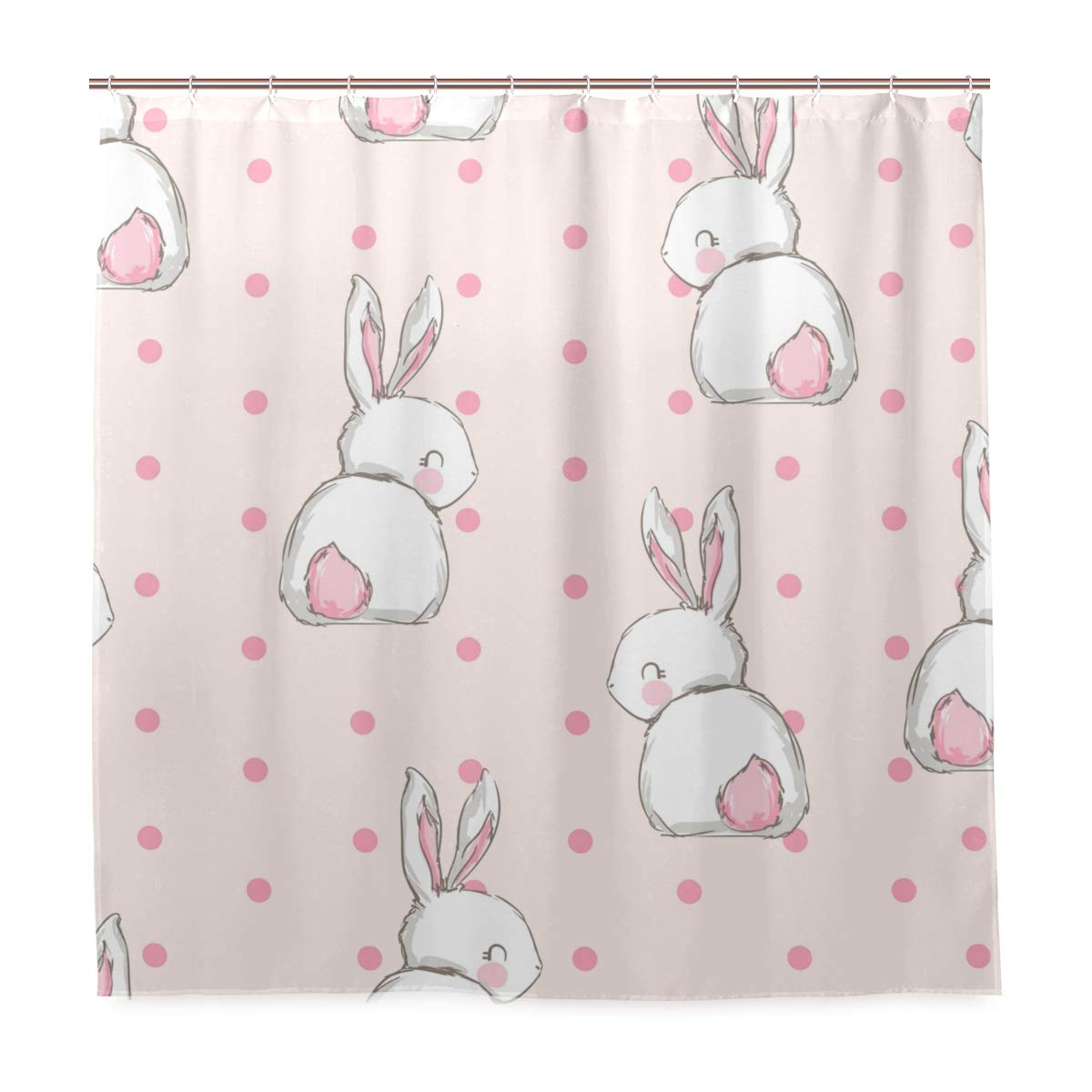 Vikko Cute Bunny Pattern Pink Rabbit Shower Curtain - Waterproof Polyester Fabric Bathroom Decor with Hooks - Standard Size 72x72 Inch for Bathtub & Shower - Perfect for Kids' Bathroom, Nursery, and Easter Decor