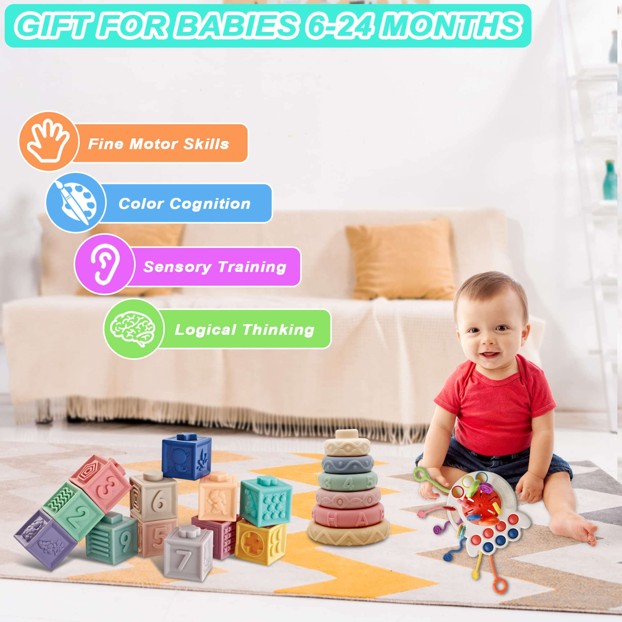 3-in-1 Baby Toys for 6-12 Months | Sensory Building Blocks, Stacking Teething Toys & Pull String Toddler Toys (19PCS) | Bath & Learning Playtime for Infants