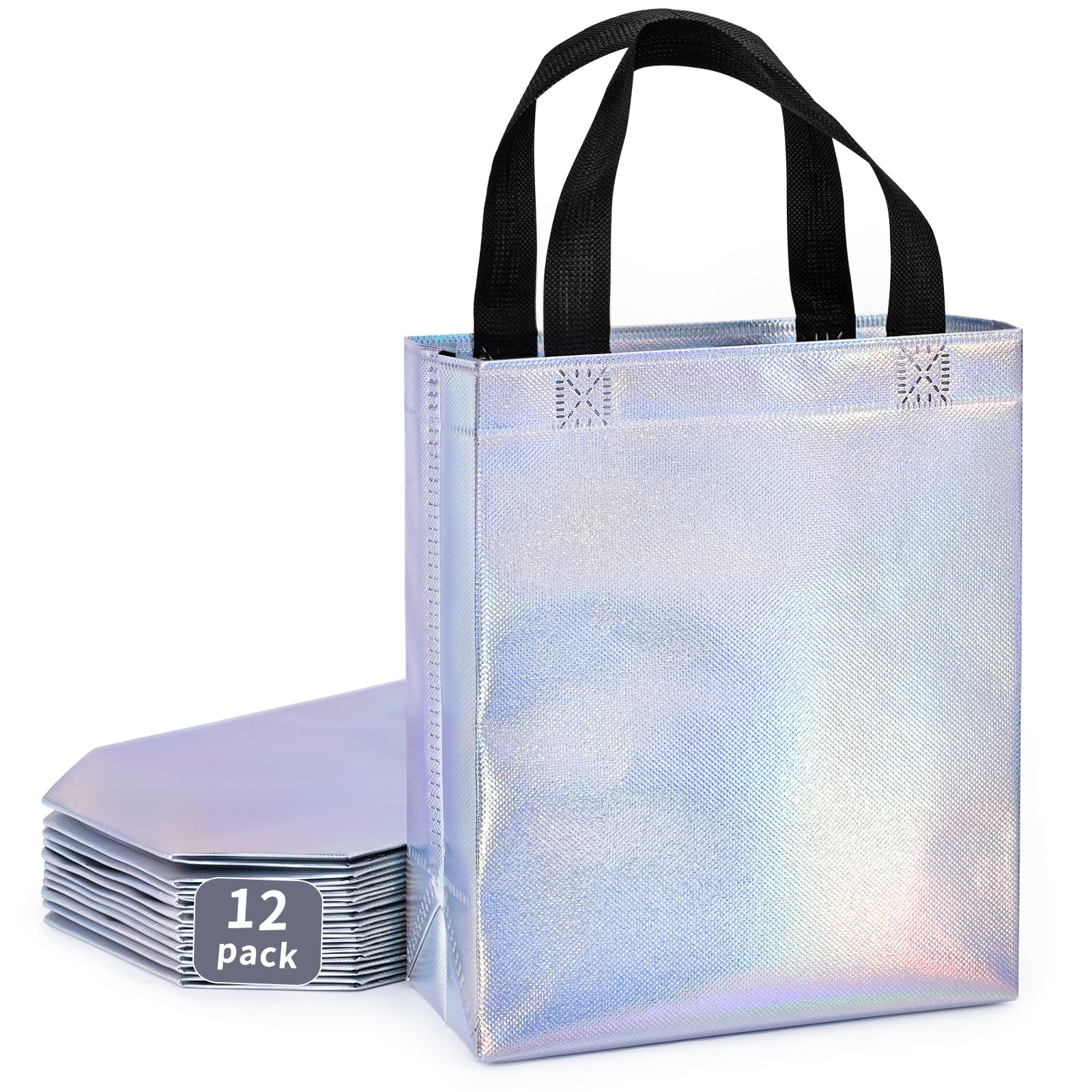 12 Pack Iridescent Holographic Gift Bags with Handles - Medium Size Reusable Party Favor Bags for Birthdays, Weddings, Christmas - Perfect for Party Favors, Goodie Bags & Gift Giving Occasions