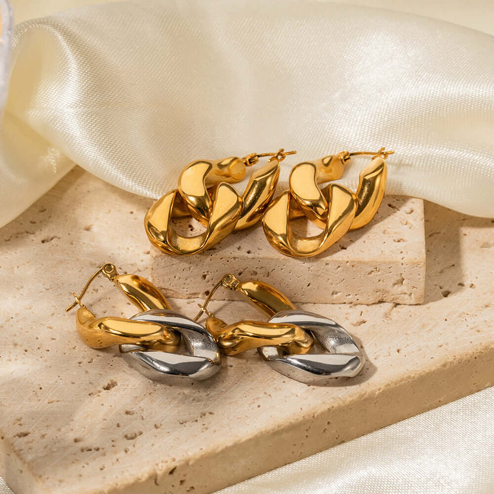 18K Gold Duo Tone Chain Hoop Earrings for Women - Classic Elegant Jewelry Gift for Birthday, Anniversary & Special Occasions | JDE684
