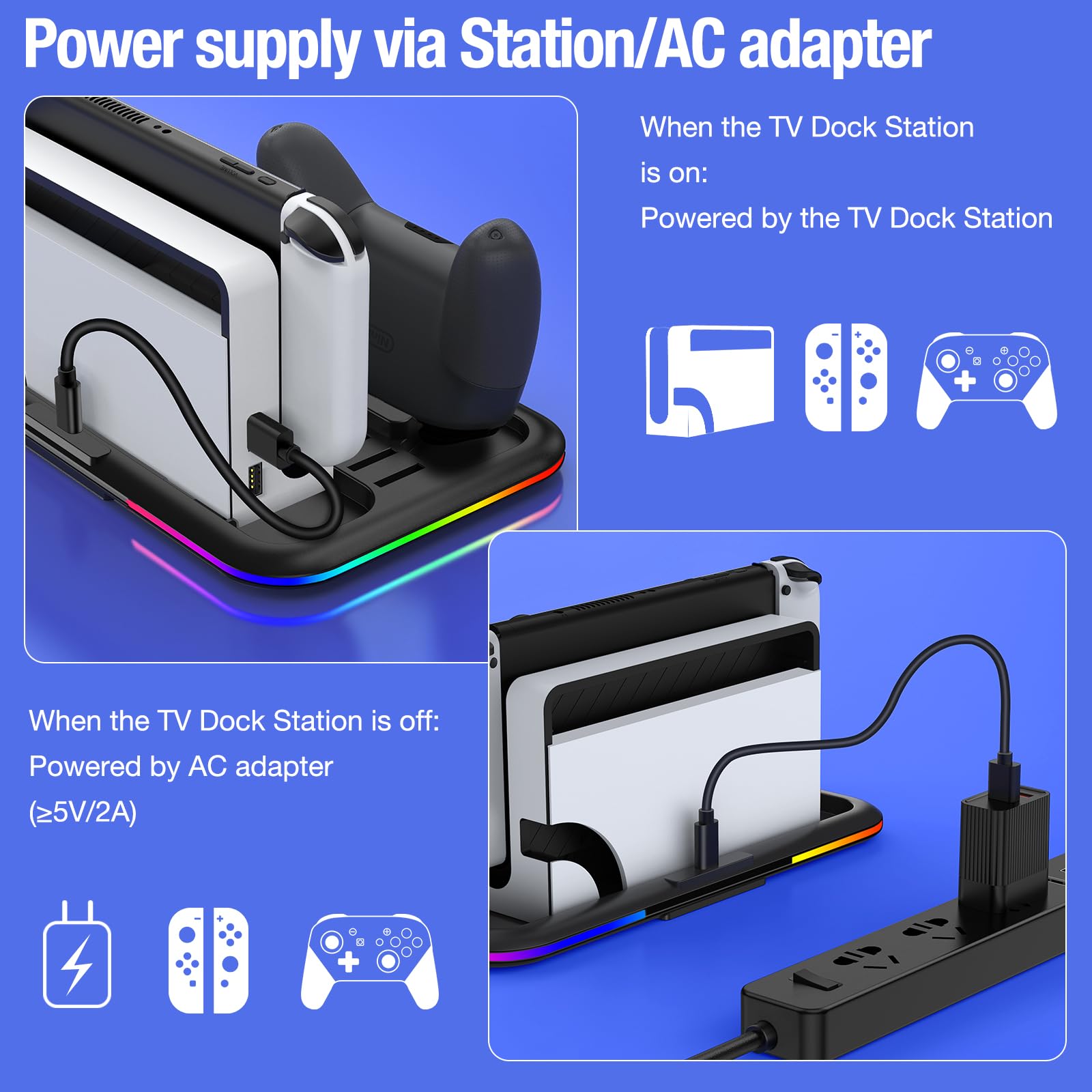 RGB Charging Dock for Nintendo Switch/Switch Lite/OLED - Fast Charging Stand with 8 Game Card Slots & Pro Controller/Joy-Con Holder | Perfect for Gaming Setup, Travel & Multiplayer Sessions