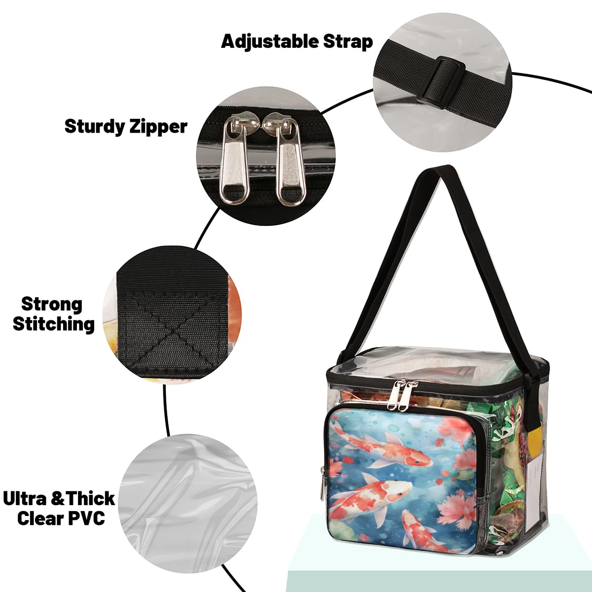 GzLeyigou Transparent Tote Bag with Red Koi Fish Design - Waterproof Clear Crossbody Shoulder Bag for Lunch, Beach, Picnic, Travel, Concerts & Sports Events | Stadium Approved Multipurpose Carryall