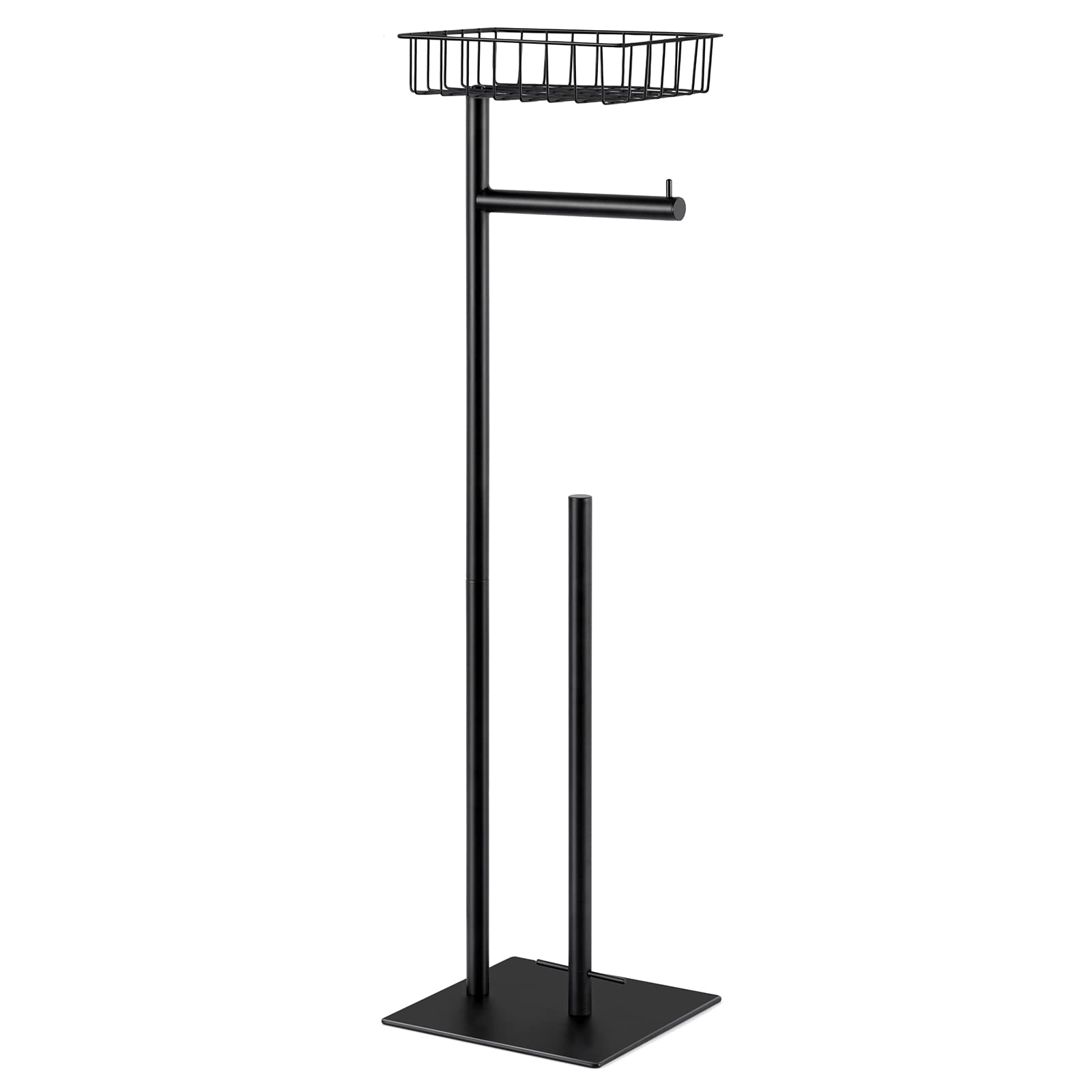 Free Standing Toilet Paper Holder Stand with Storage Basket - Industrial Style Bathroom Tissue Dispenser in Matte Black - Perfect for Home, Office, and RV Use