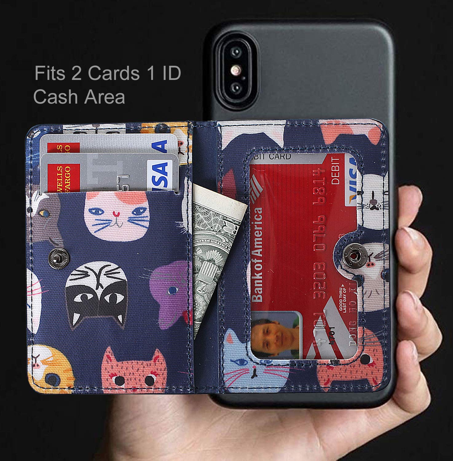 Premium Leather Phone Wallet with ID Card Holder & Kickstand - Waterproof Adhesive Back Sticker for iPhone, Samsung & Most Smartphones (Blue Cat) - Perfect for Work, Travel & Everyday Convenience
