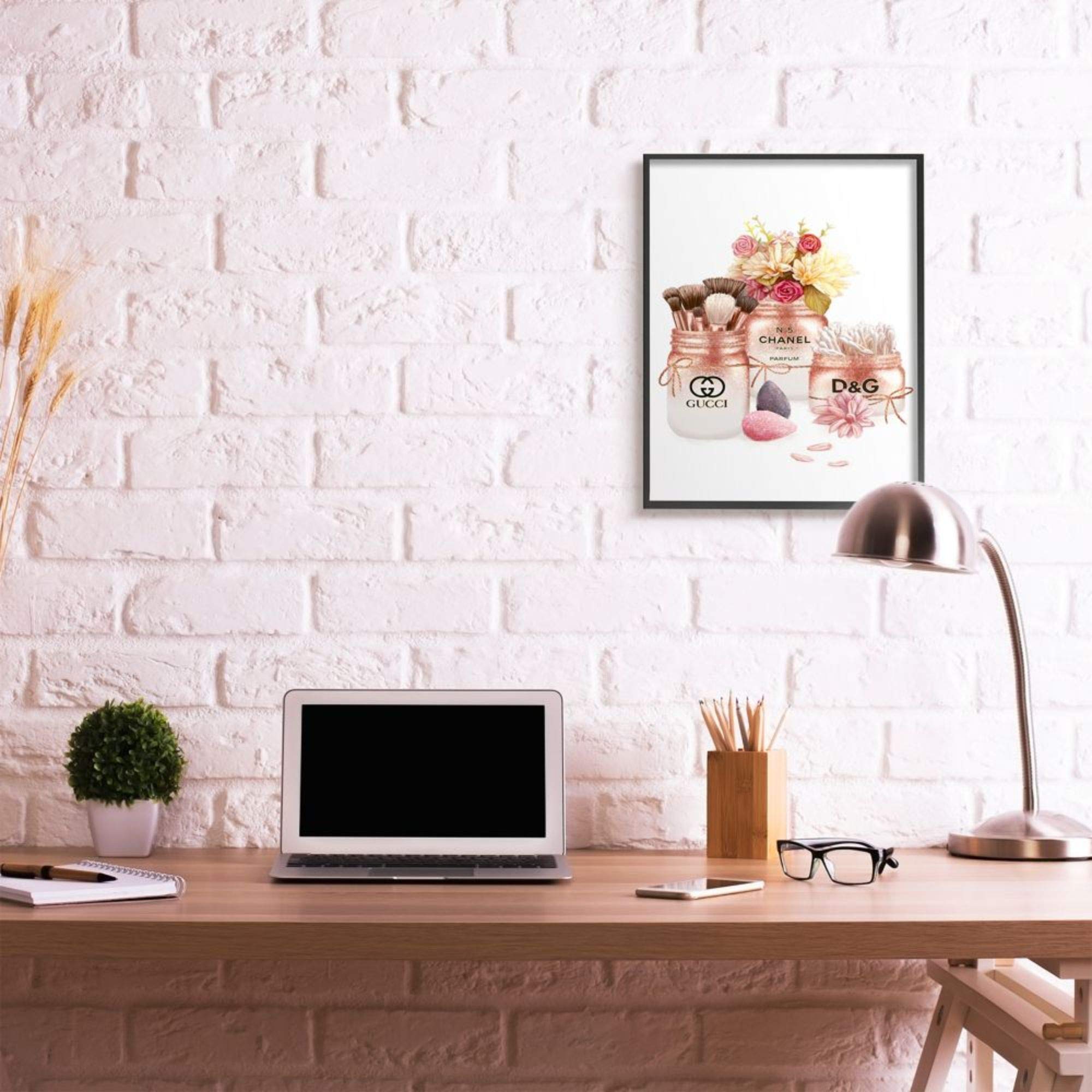 Stupell Industries Fashion Cosmetic Jars & Floral Bouquet Wall Art by Ziwei Li - Black Framed Home Decor, 24