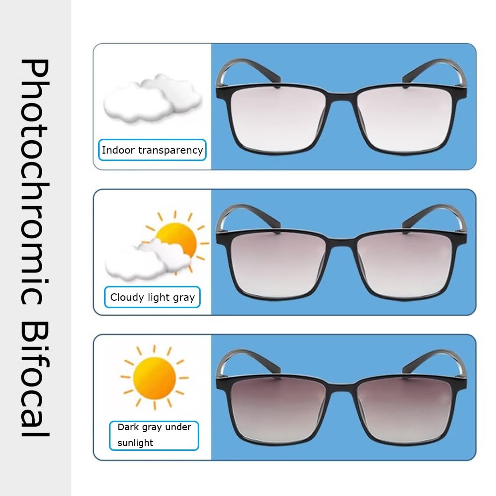 Photochromic Bifocal Reading Glasses for Men & Women - Light Adjusting Lenses for Indoor/Outdoor Use - Perfect for Reading, Driving & Outdoor Activities