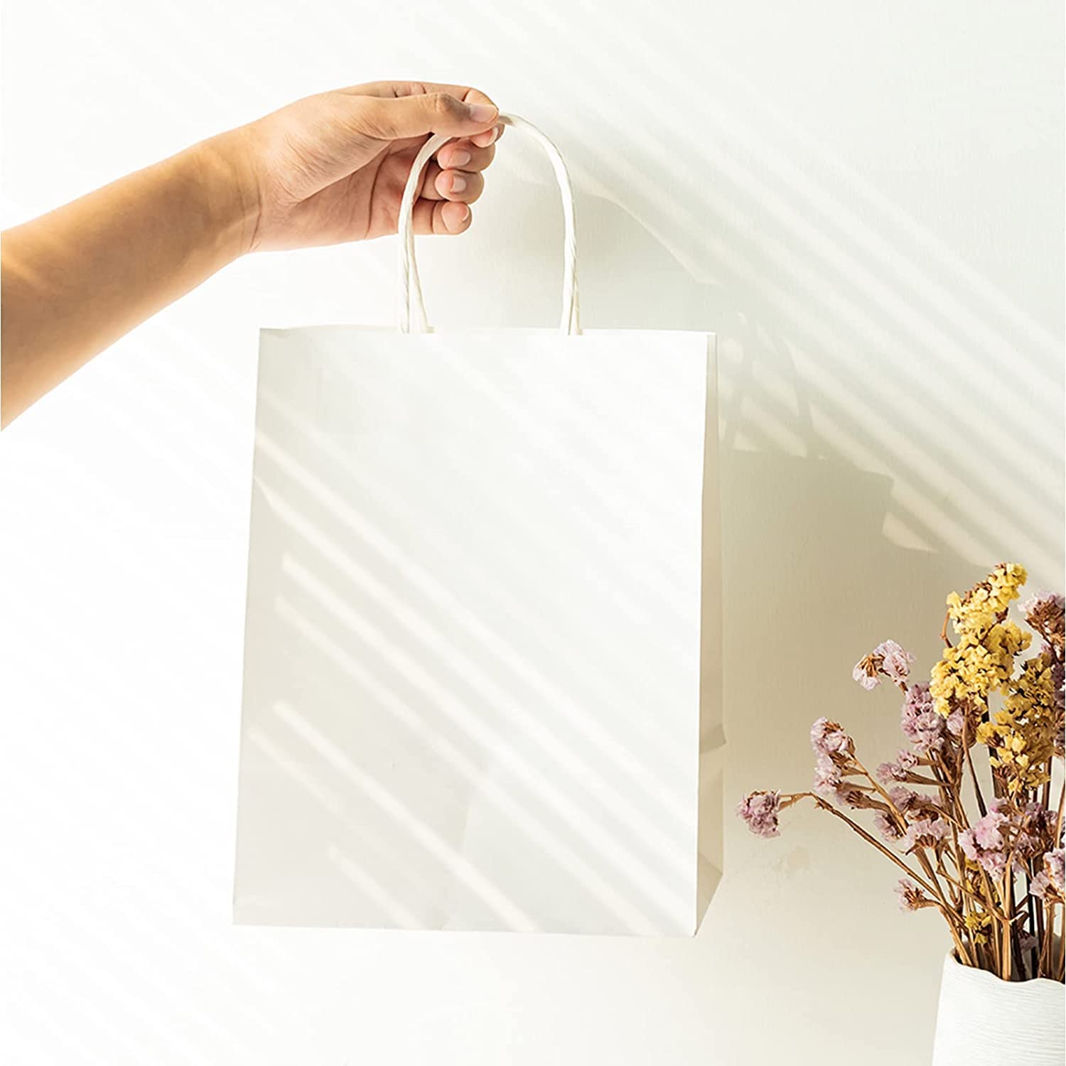 RACETOP 100Pcs White Paper Gift Bags with Handles 8