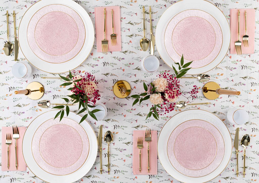 24-Pack Transparent Pink & Gold Rim Round Plastic Dinnerware Set - 12-Piece Service for 12 Guests - Shatterproof Party Plates, Cups & Bowls - Perfect for Weddings, Birthdays & Outdoor Events