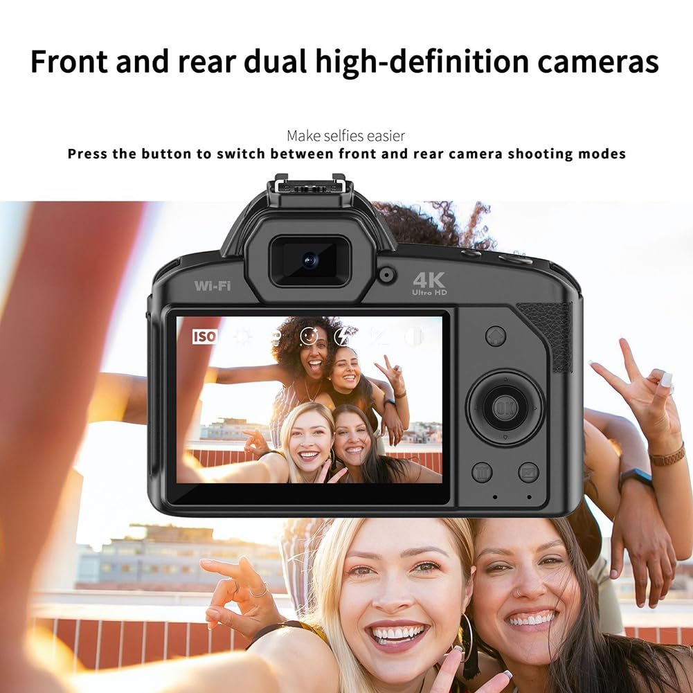 4K WiFi Digital Camera with 64MP & 32GB Memory Card - HD Video Recorder, Webcam, Vlogging Camera for YouTube, Travel, and Outdoor Photography (Black)