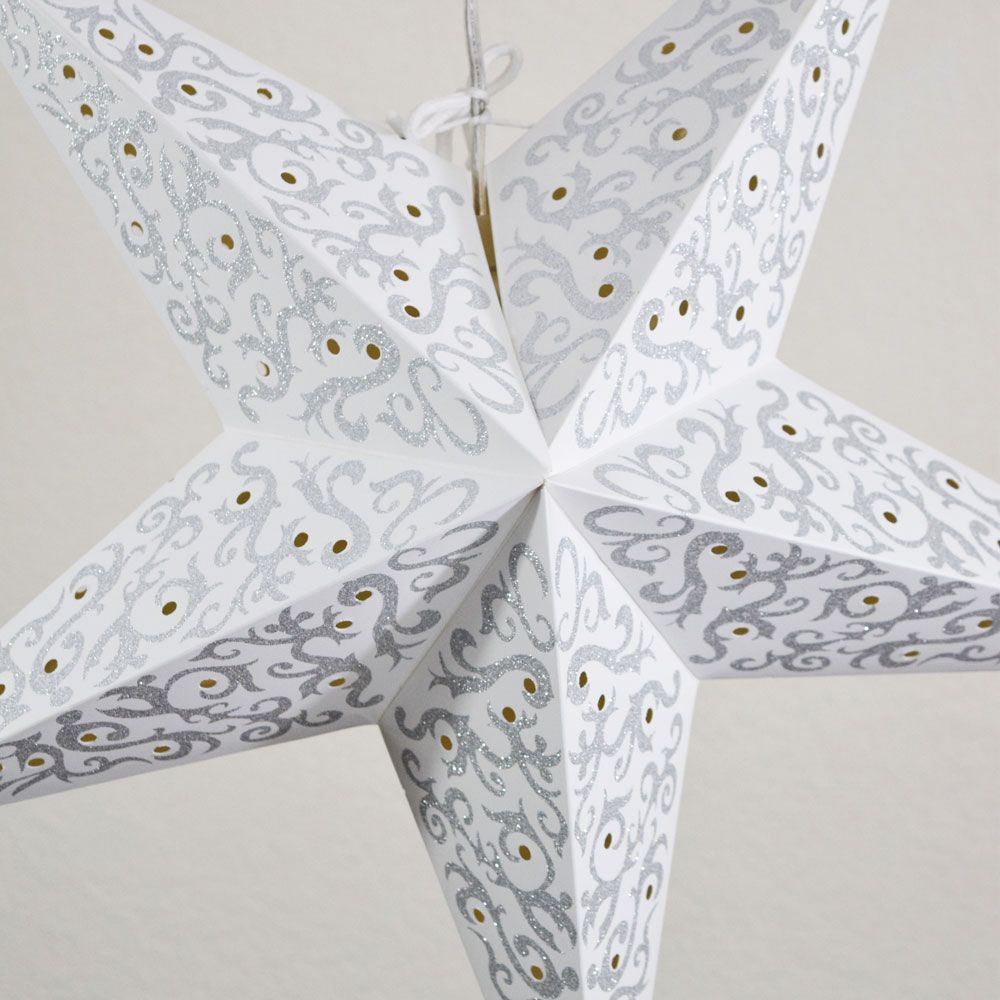 24 Silver Bramble Glitter Paper Star Lantern - Hanging Decorative Light for Christmas, Party, Wedding & Home Decor