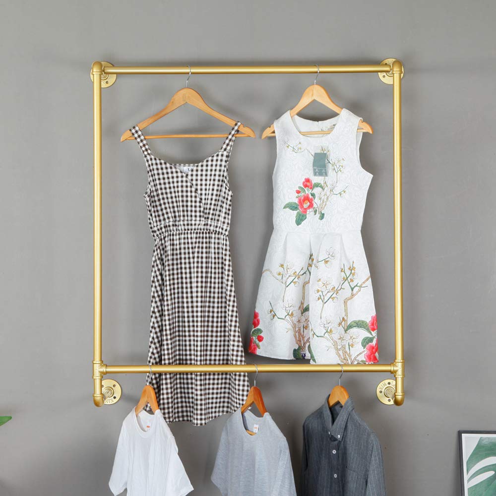 Ethemiable Industrial Modern Metal Clothing Rack - Wall Mounted Garment Display Stand with Double Bar for Hanging Clothes, Towel Storage Shelf - Gold 39 Inch - Perfect for Retail Stores, Boutiques & Home Closet Organization