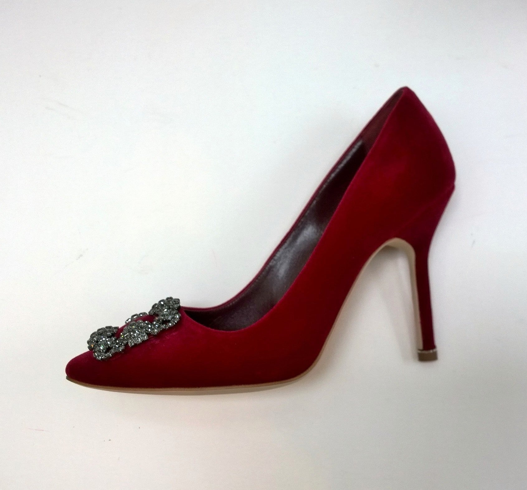 Manolo Blahnik Hangisi 105mm Dark Red Velvet Heels with Rhinestone Buckle - Burgundy Luxury Pumps for Weddings, Parties & Special Occasions