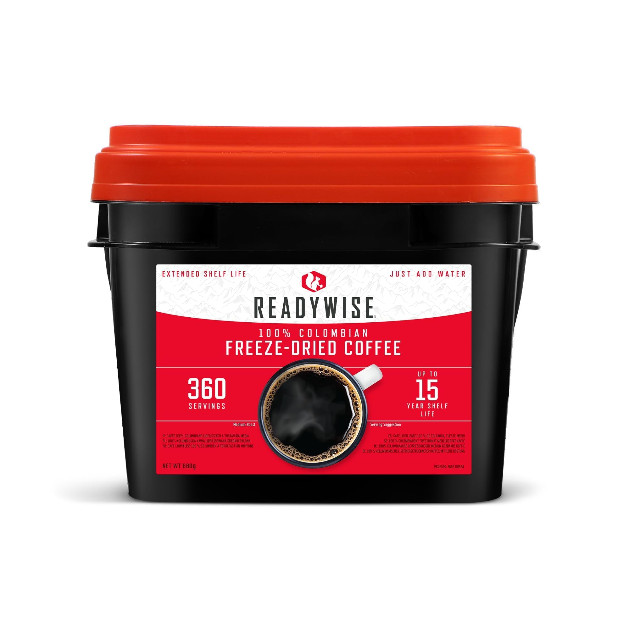 READYWISE Freeze-Dried Coffee Bucket - 360 Servings of Premium Instant Coffee for Emergency Preparedness, Camping & Outdoor Adventures | Long Shelf Life Survival Drink | Resealable Pouches for Freshness | Perfect for Hiking, Travel & Disaster Kits