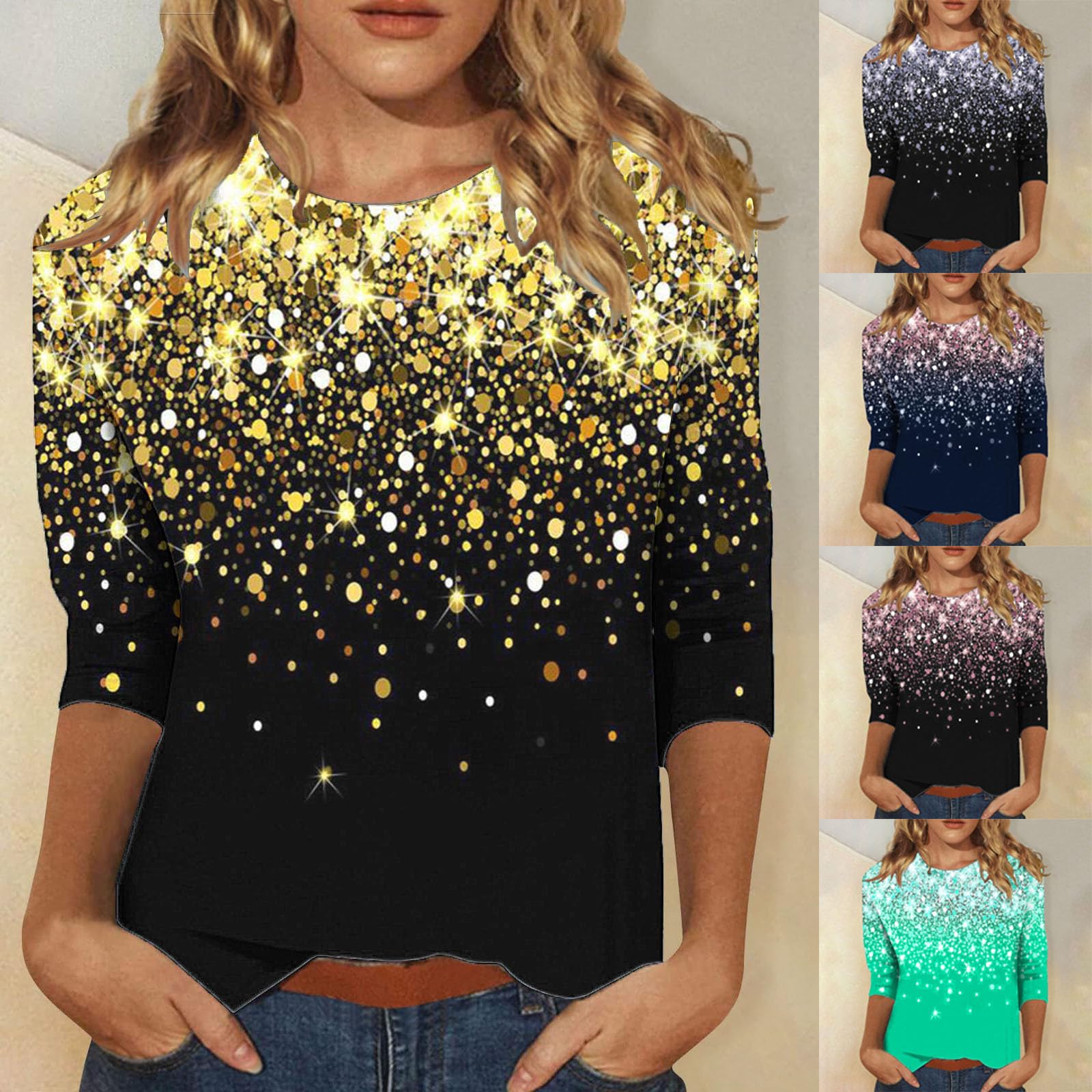 2024 Women's Summer Tops - Casual 3/4 Sleeve Crewneck Floral Print Blouse, Loose Tunic Pullover Shirt for Work, Date Night & Vacation Outfits