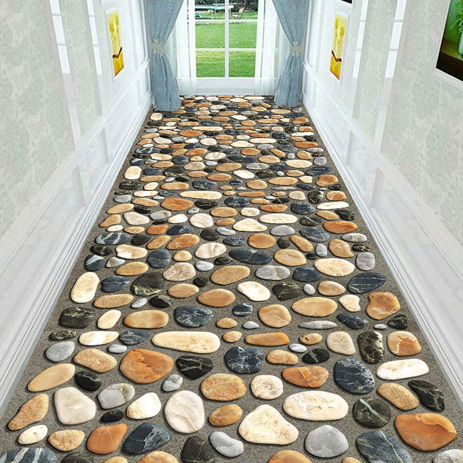 Non-Slip 3D Printed Hallway Runner Rug - Soft Modern Seaside Stones & Pebbles Design for Hard Floors | Machine Washable Entryway Carpet for Bedroom, Kitchen, Living Room | Perfect for High-Traffic Areas & Coastal Home Decor