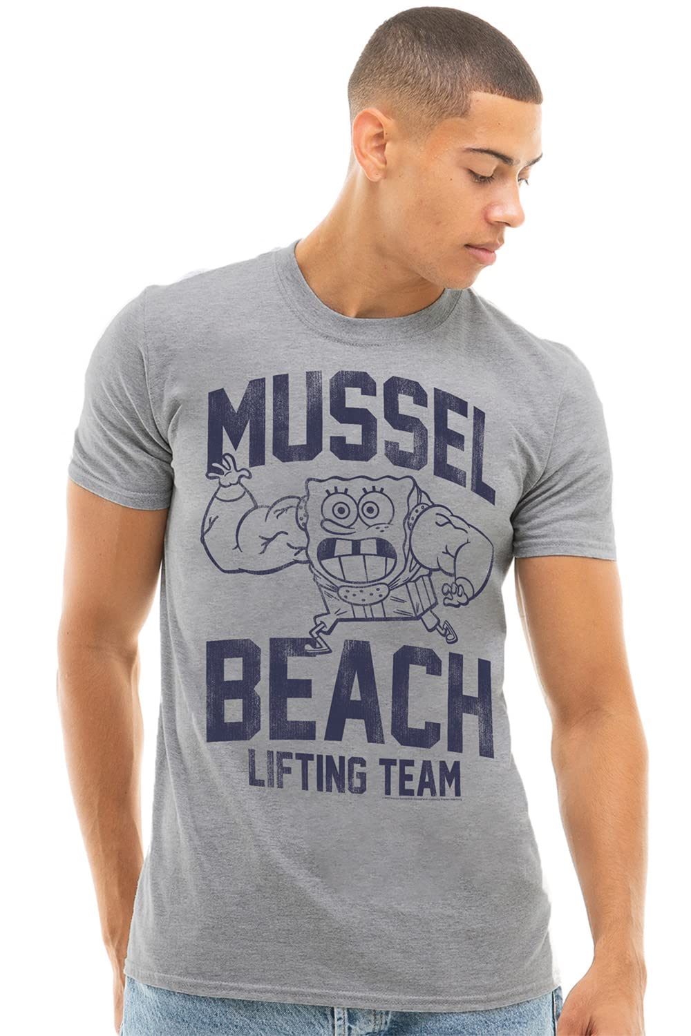 Spongebob Squarepants Cotton Unisex T-Shirt - Mussel Beach Graphic Tee | Heather Grey | Casual Wear, Cosplay & Gift for Cartoon Fans