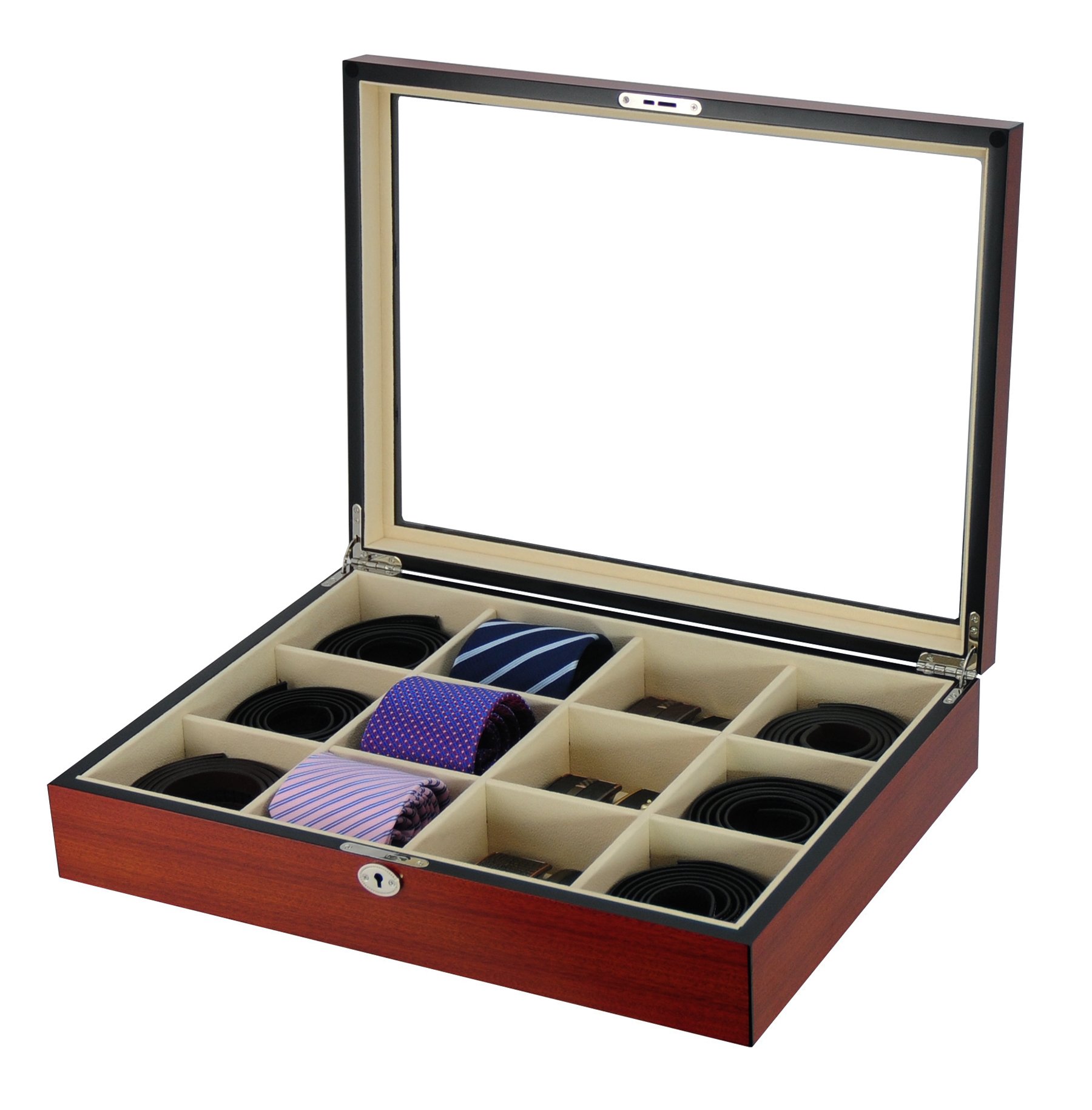 Cherry Wood Display Case for 12 Ties, Belts & Accessories - Premium Storage Box for Men | Perfect Father's Day Gift & Home Office Organization Solution