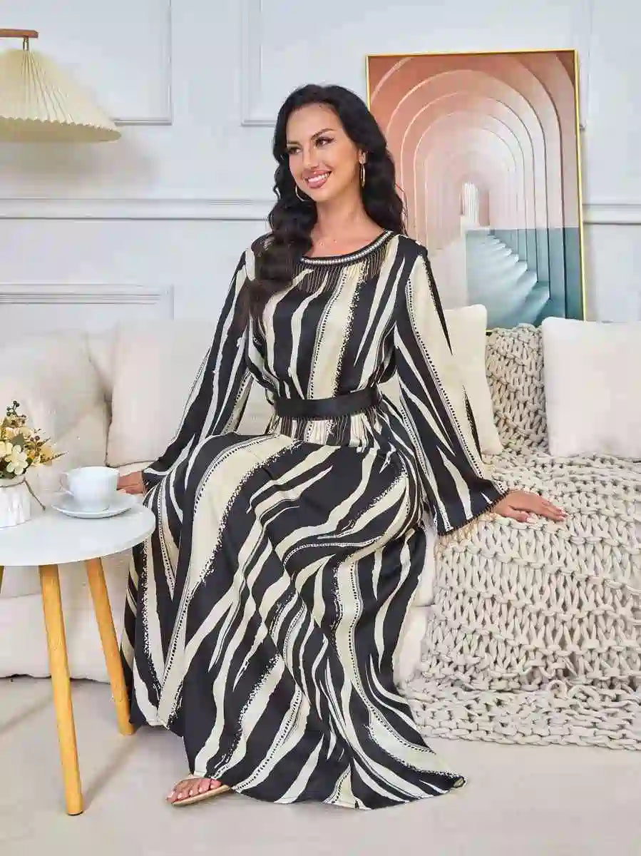 Elegant Eid Printed Tassel Caftan Dress for Women - Flowy Long Kaftan with Embroidery #25176 | Perfect for Eid Celebrations, Weddings & Special Occasions