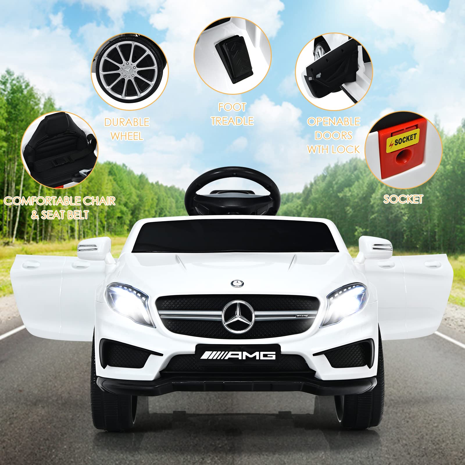 INFANS 12V Electric Kids Ride On Car - Licensed Mercedes Benz GLA45 Toy Car with Parent Remote Control, MP3 Player, USB Port, 2 Speed Modes & LED Lights - Battery Powered Toy Vehicle for Toddlers & Children (White) - Perfect for Birthday Gifts, Outdoor Play & Indoor Fun