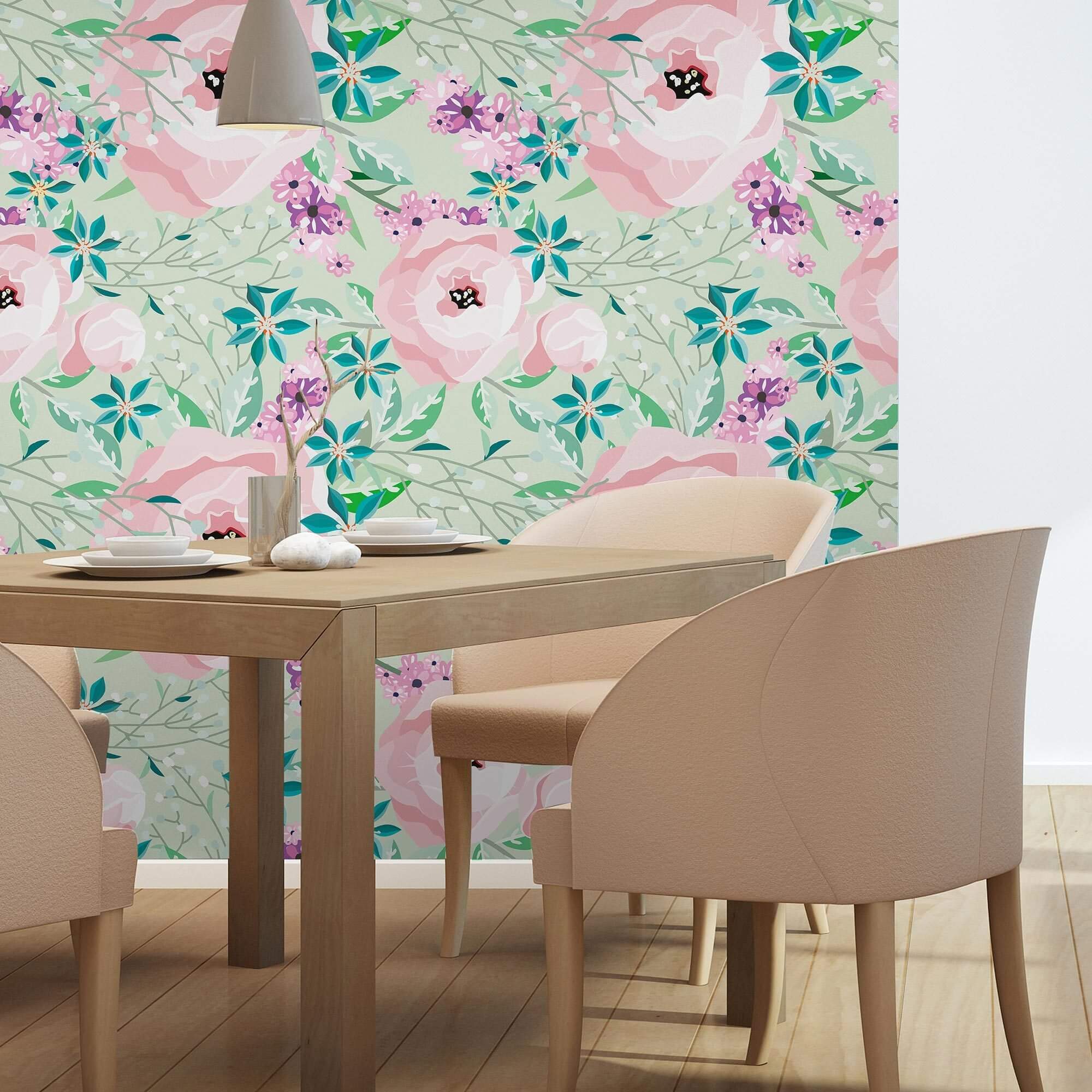 Purple and Emerald Floral Peel and Stick Removable Wallpaper 2866 - Self-Adhesive Decorative Wall Covering for Bedroom, Living Room, Nursery & Office Decor