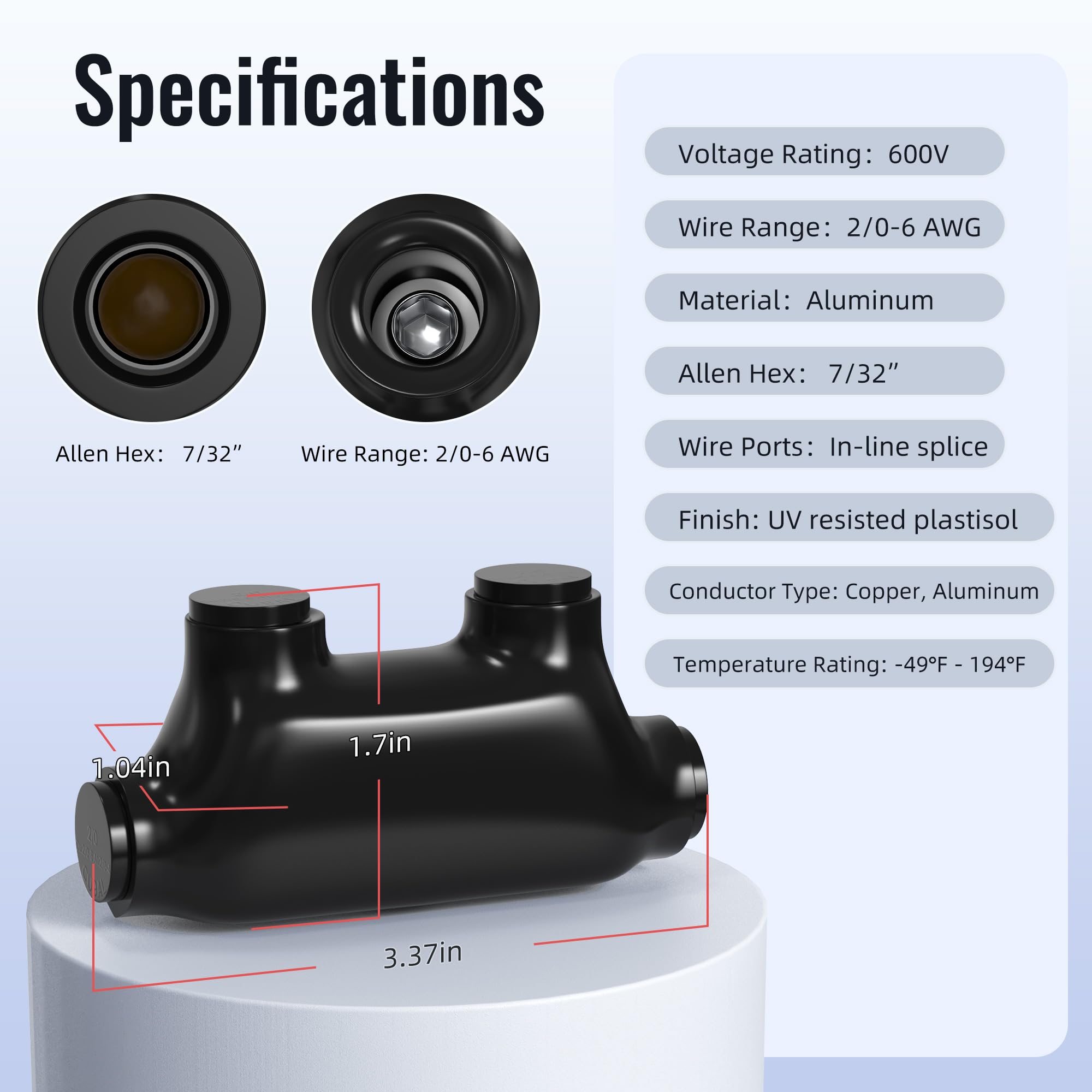 **Insulated Inline Splice Connector 2/0-6 Gauge - Aluminum to Copper Wire Connectors with 7/32