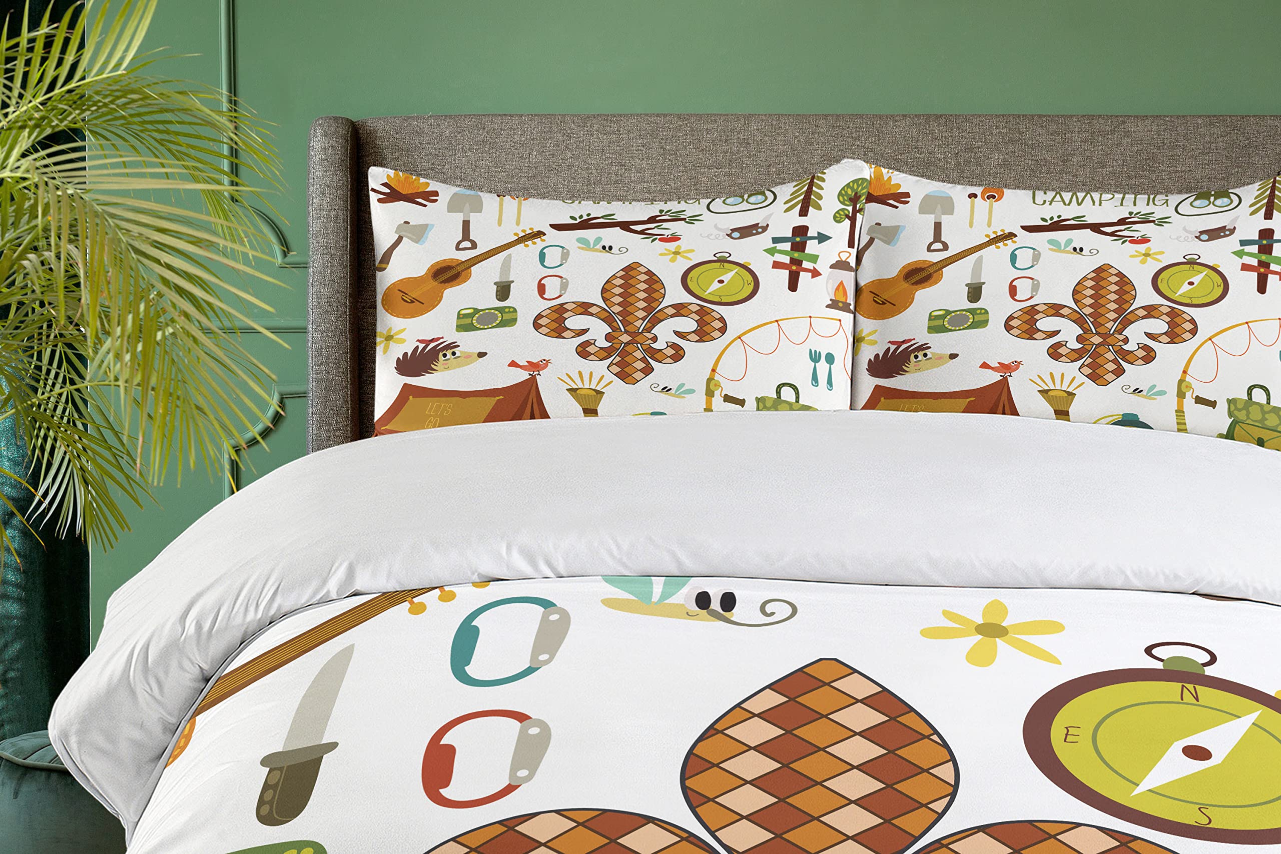Ambesonne King Size 3-Piece Camping Duvet Cover Set with 2 Pillow Shams - Cartoon Outdoor Theme Featuring Fleur de Lis, Guitar, Bonfire & Trees - Amber & Green Decorative Bedding for Camping Enthusiasts & Nature Lovers - Perfect for RV Trips, Cabin Retreats & Adventure-Themed Bedrooms
