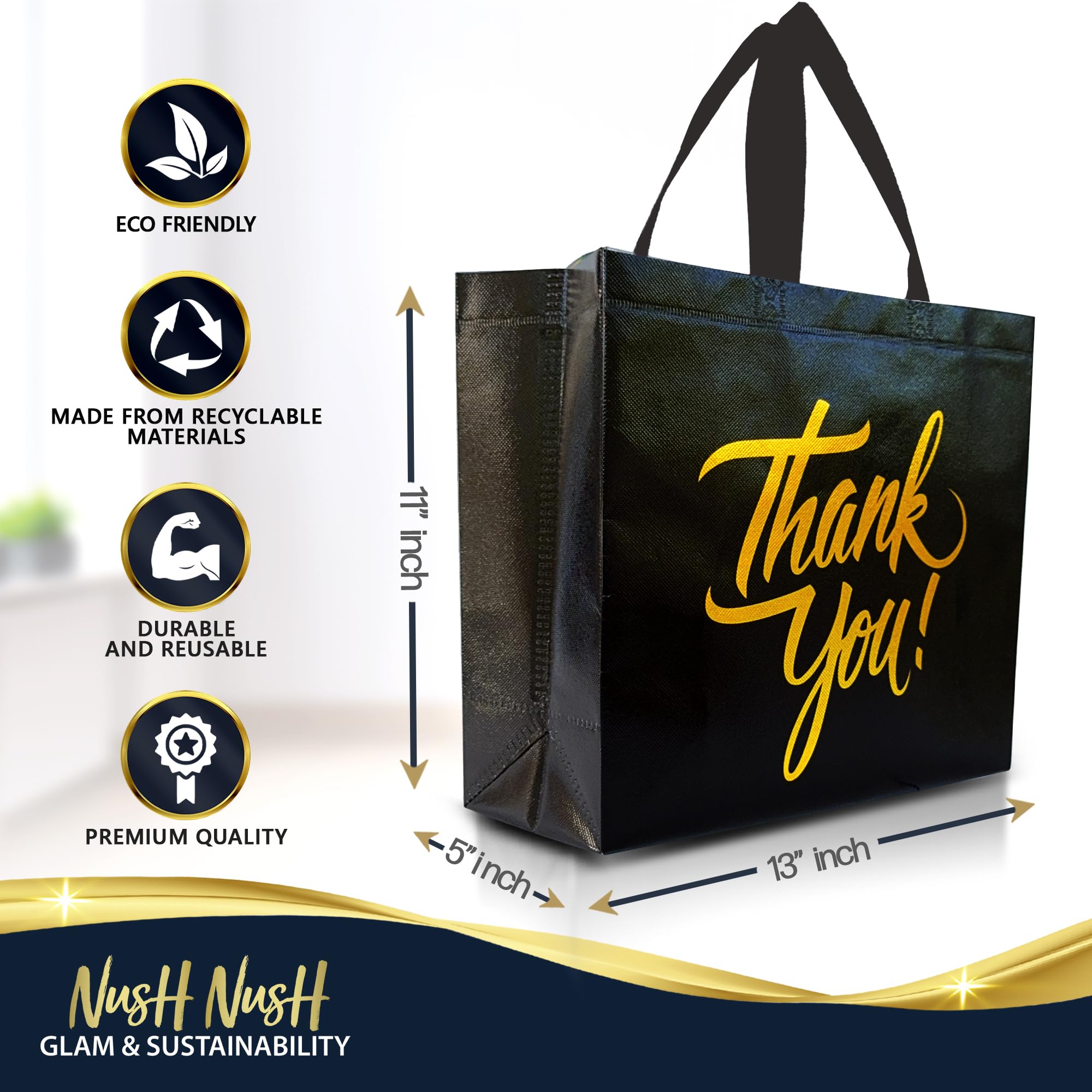Nush Nush Bulk Black Thank You Gift Bags - Set of 12 Large Shiny Holographic Gold Print Party Favor Bags (13