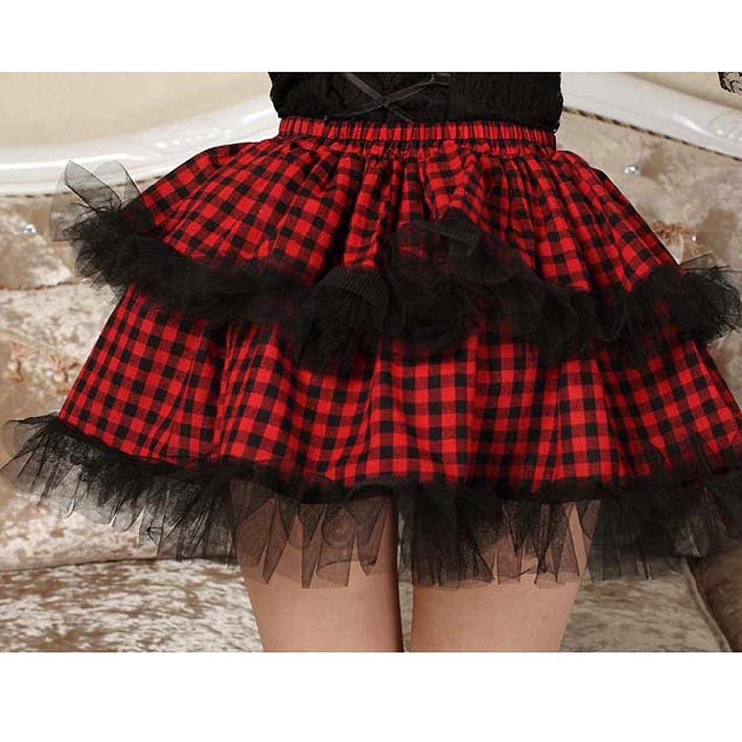 Stylish Red and Black Plaid Polyester Lace Lolita Skirt for Women - Perfect for Cosplay, Gothic Fashion, and Kawaii Outfits
