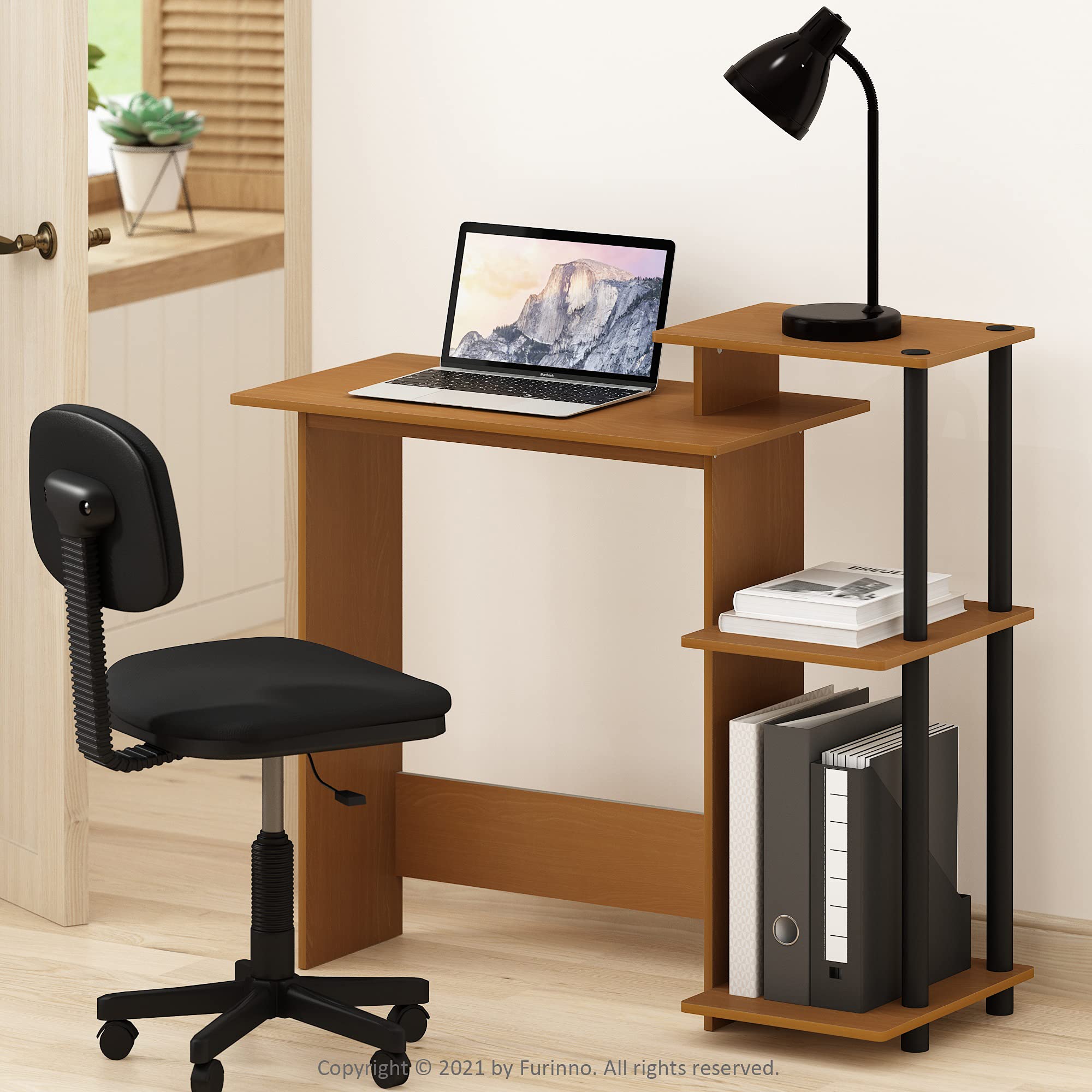Furinno Efficient Home Office Laptop Desk with Square Shelves - Light Cherry/Black | Compact Computer Workstation for Small Spaces, Dorm Rooms & Home Offices