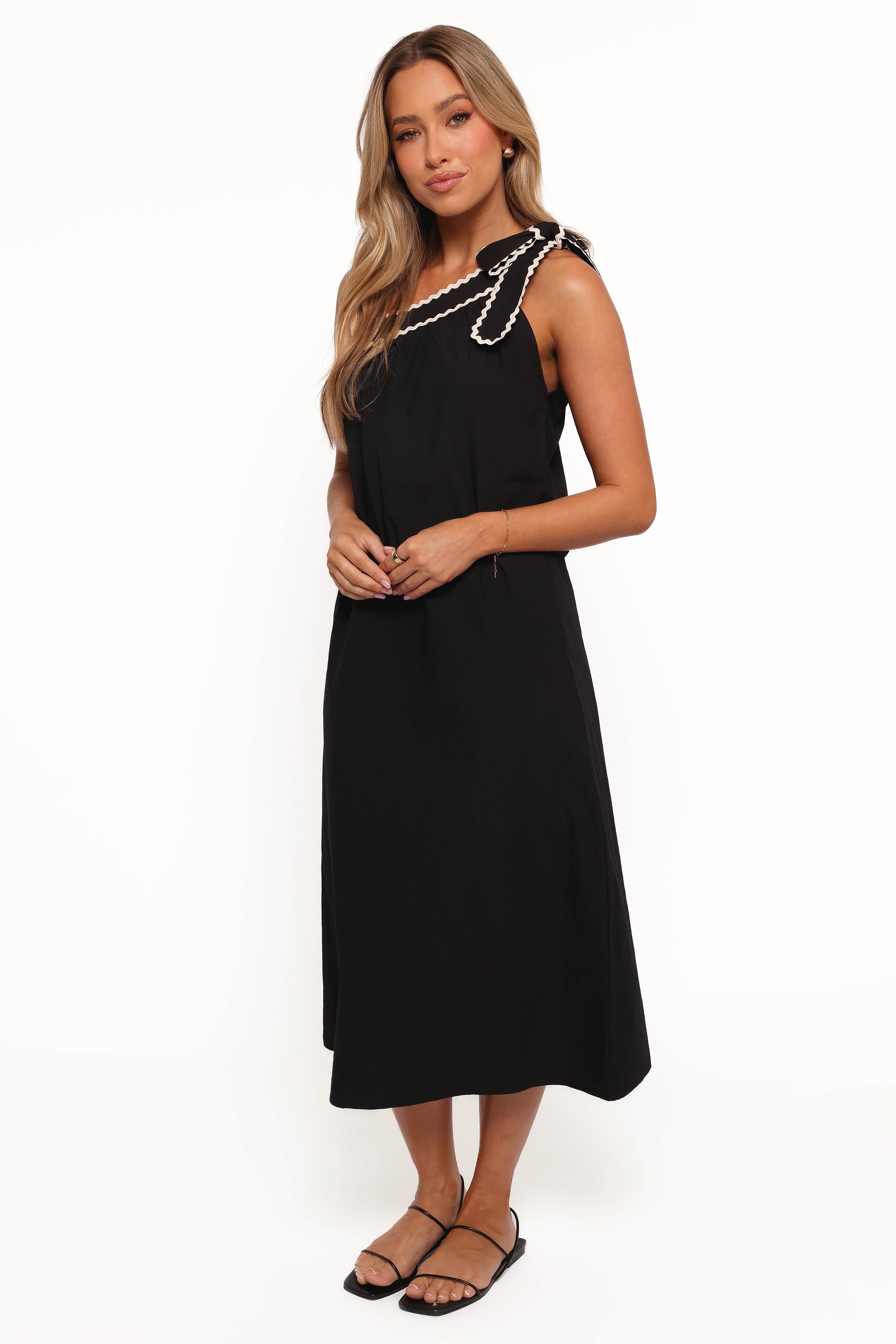 Brynlee One Shoulder Midi Dress - Elegant Black & Cream Formal Evening Gown for Women | Perfect for Cocktail Parties, Weddings & Special Occasions