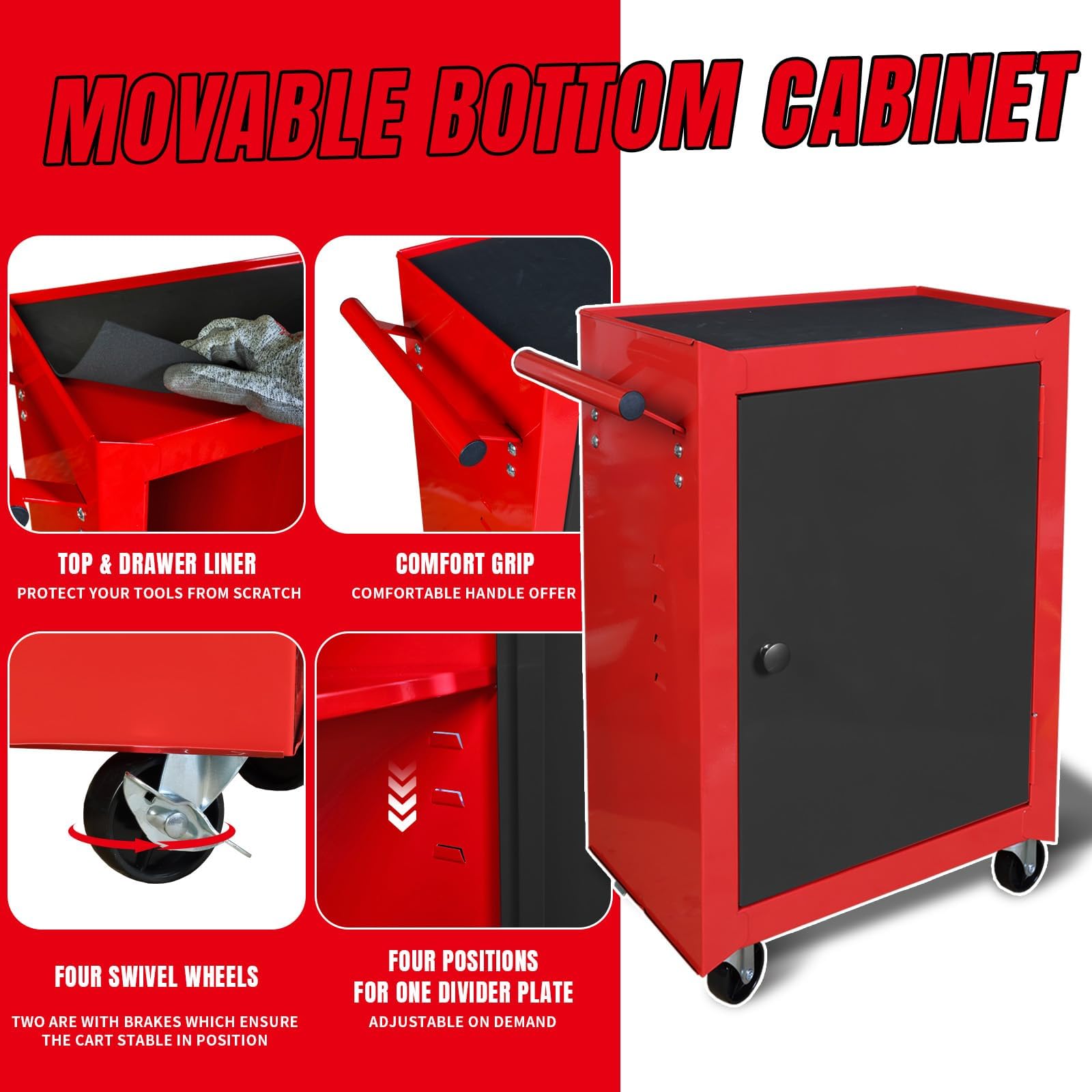 BIG RED ATBD134R-RB-4 Torin Rolling Tool Chest - 3 Drawer Workshop Organizer with Detachable Storage Cabinet & Adjustable Shelf, Red/Black - Perfect for Garage, Workshop & DIY Projects