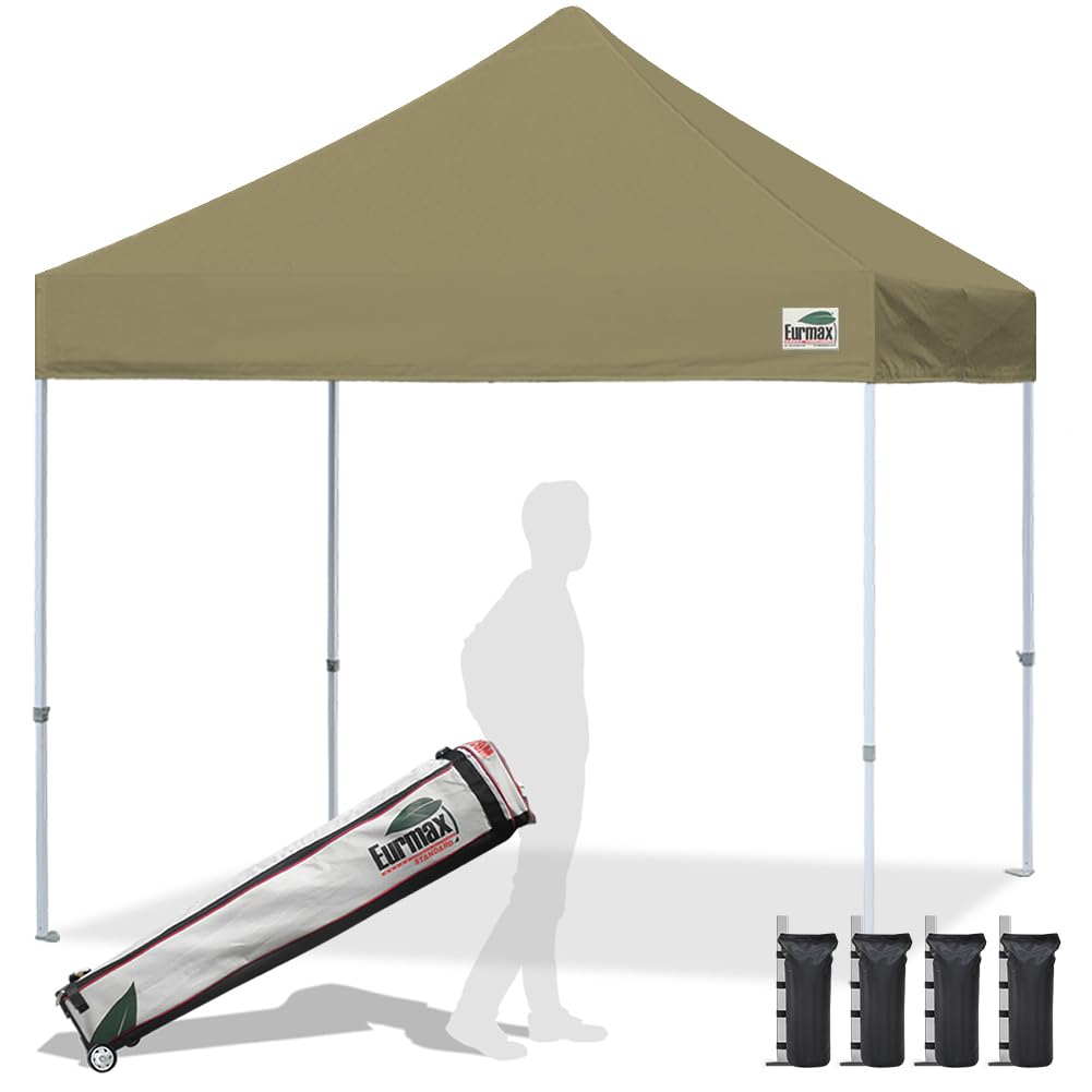 Eurmax USA 10x10ft Heavy Duty Pop Up Canopy Tent - Commercial Grade Outdoor Event Shelter with Roller Bag & 4 Sand Bags (Khaki) - Perfect for Backyard Parties, Farmers Markets, and Beach Outings