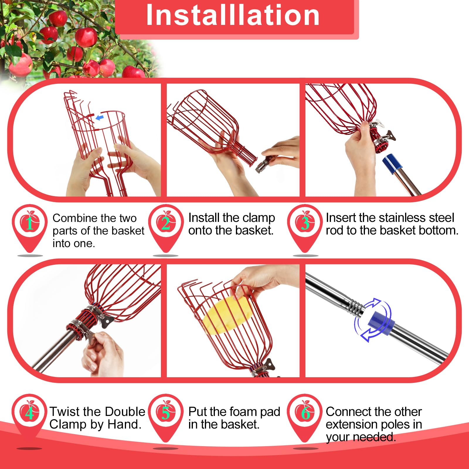 7 Feet Extendable Fruit Picker Pole with Metal Basket - 35-86 Inch Stainless Steel Harvesting Tool with Foam-Padded Clamp - Lightweight Fruit Picker for Apples, Mangoes, Pears, Lemons & Avocados - Perfect for Home Orchards, Backyard Harvesting & Tall Tree Fruit Picking
