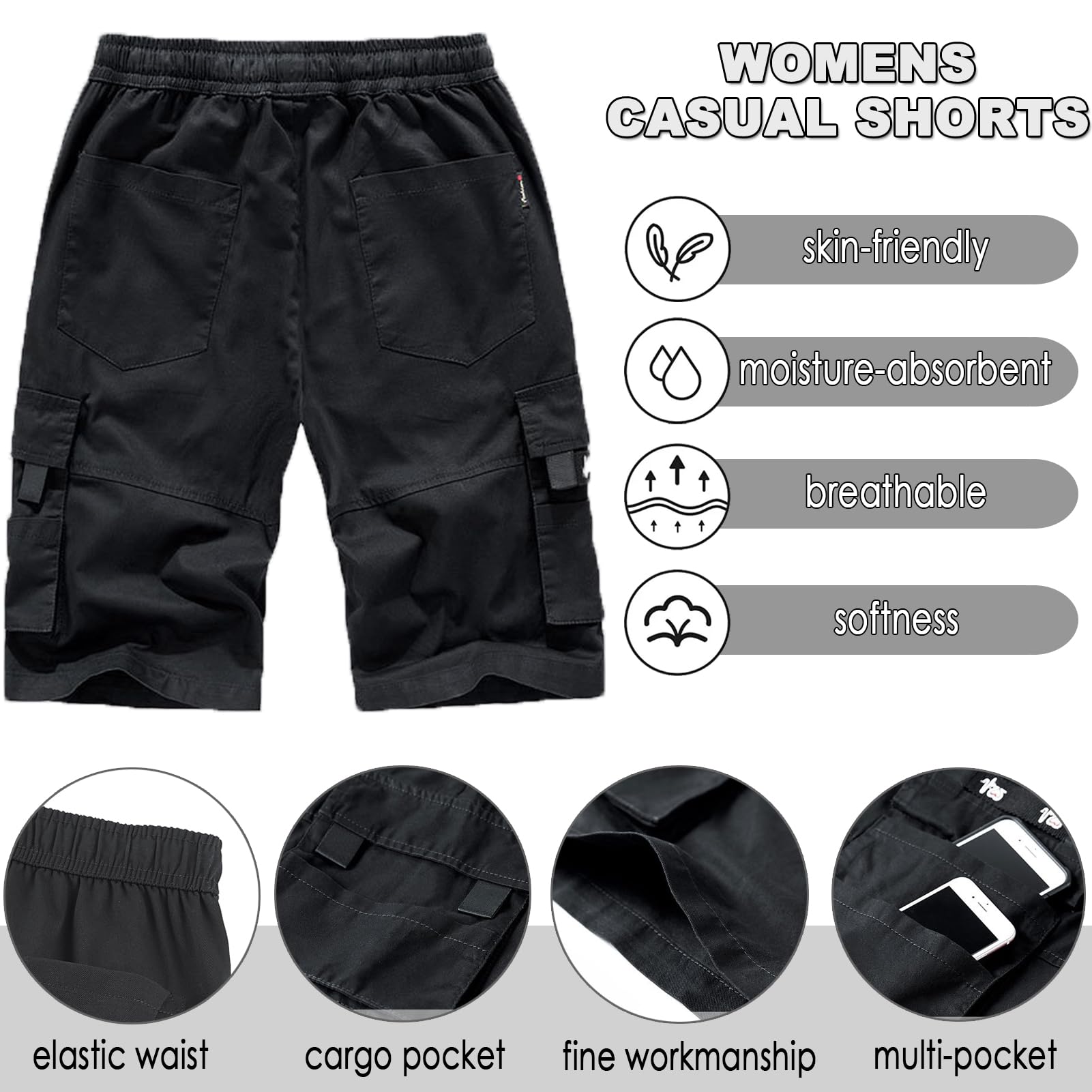 XinYangNi Women's Casual Cargo Shorts with Pockets - Elastic High Waist Drawstring Bermuda Shorts for Women | Summer Outdoor Hiking, Travel & Everyday Wear