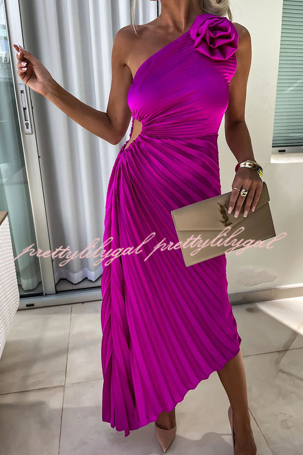 Elegant Satin One Shoulder Maxi Dress with Raised Flower & Cutout Detail - Perfect for Romantic Evenings, Date Nights & Special Occasions