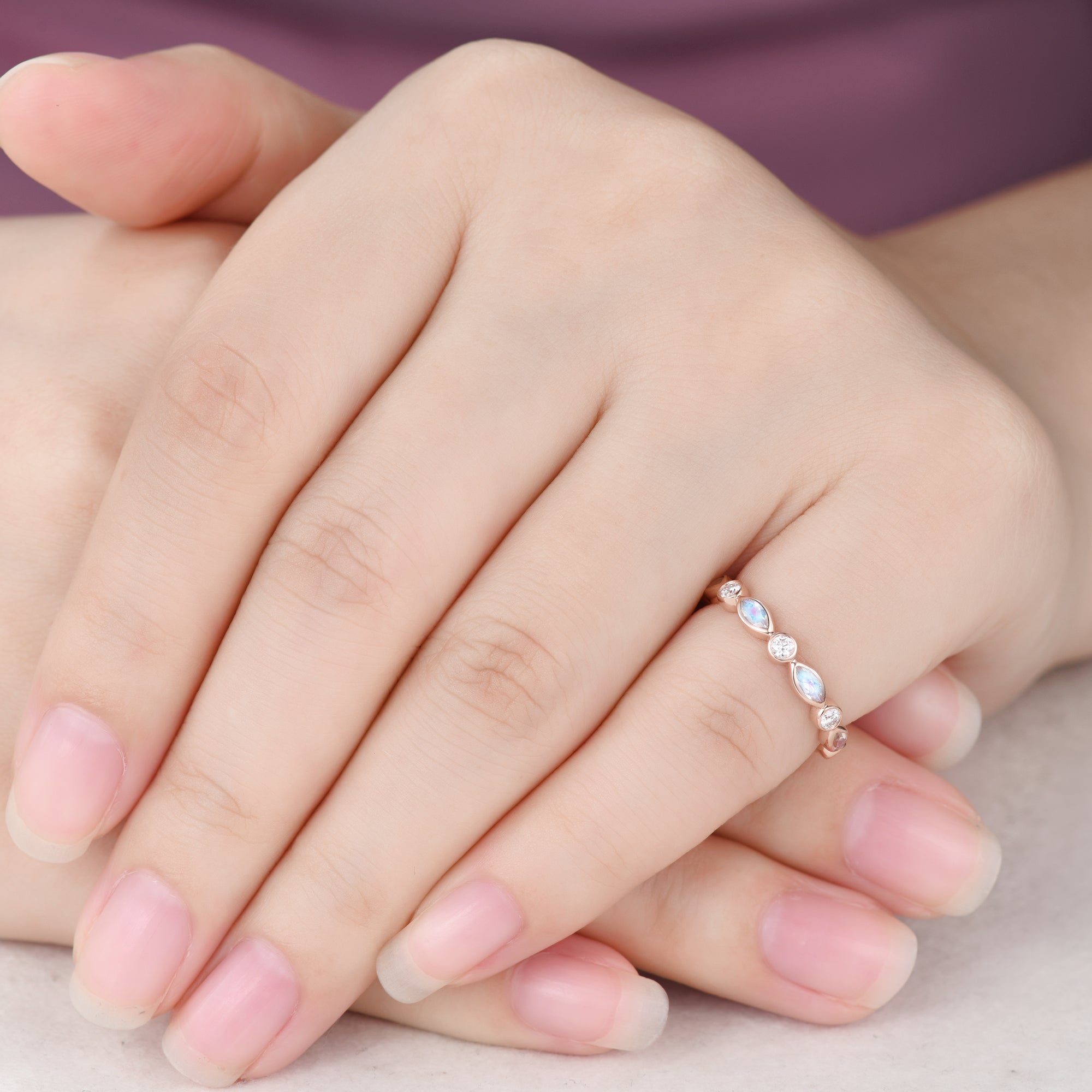 Vintage Moonstone Wedding Band - Moissanite & Rose Gold Marquise Matching Ring Set for Women - Perfect for Engagement, Anniversary, and Bridal Jewelry Gifts