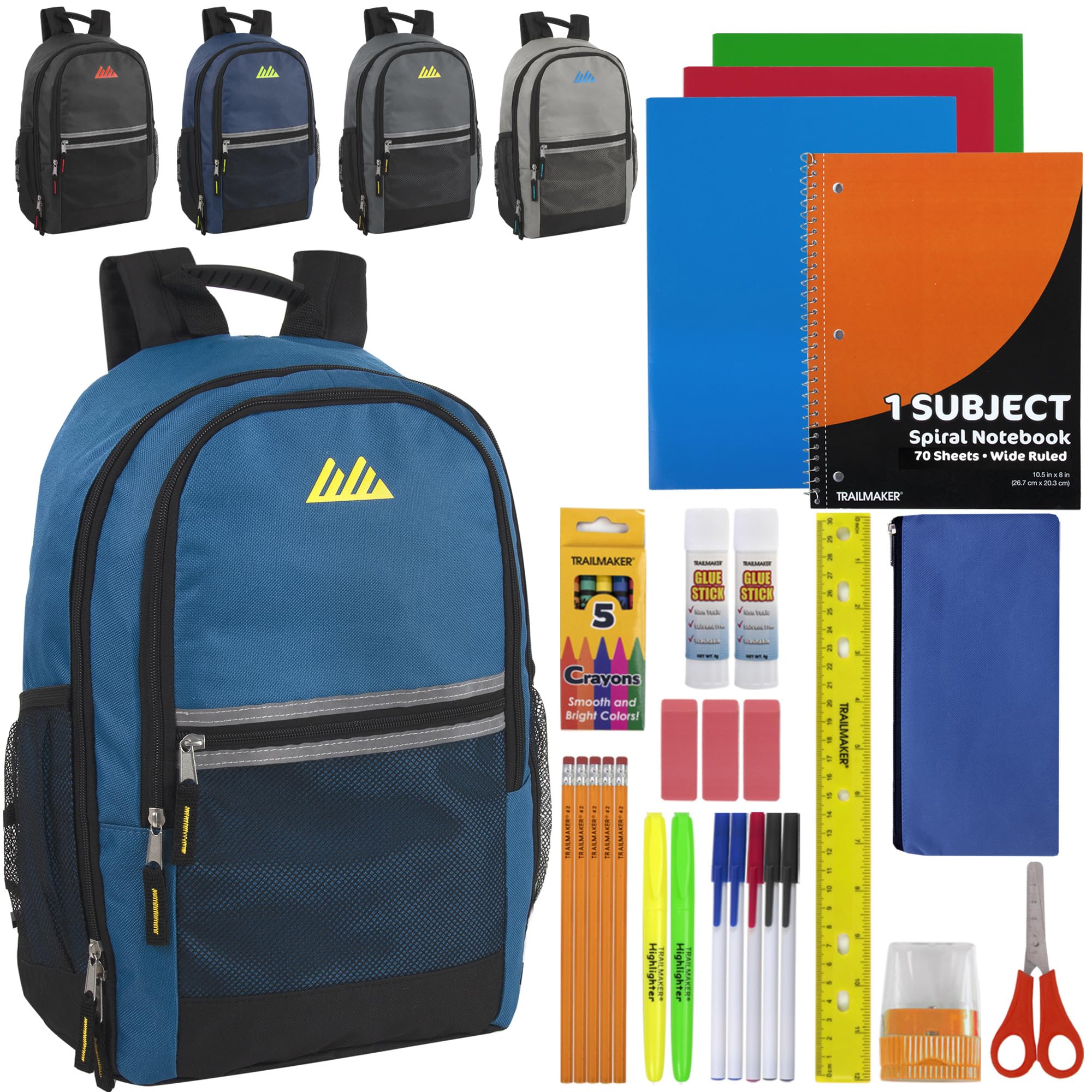12 Pack 18 Inch Bulk Backpacks with Stationery Supplies - Preassembled Backpacks with Essential Office Supply Kit (Male Assortment) - Perfect for School, Work, Travel & Gifts