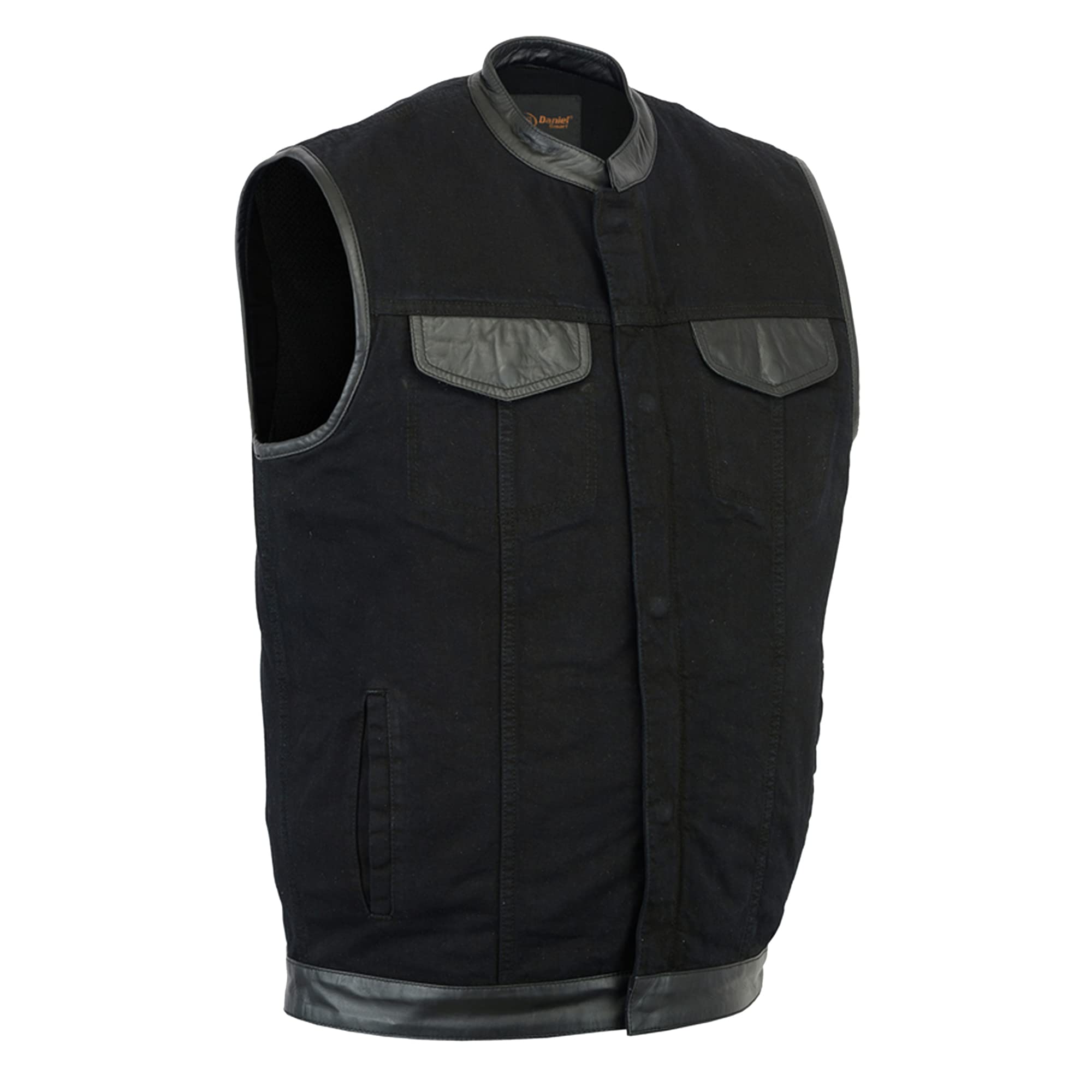 Daniel Smart Men's Black Denim Vest with Leather Detailing - Motorcycle Vest with Concealment Armory Pocket for Bikers & Outdoor Enthusiasts | Perfect for Riding, Casual Wear & Adventure Activities